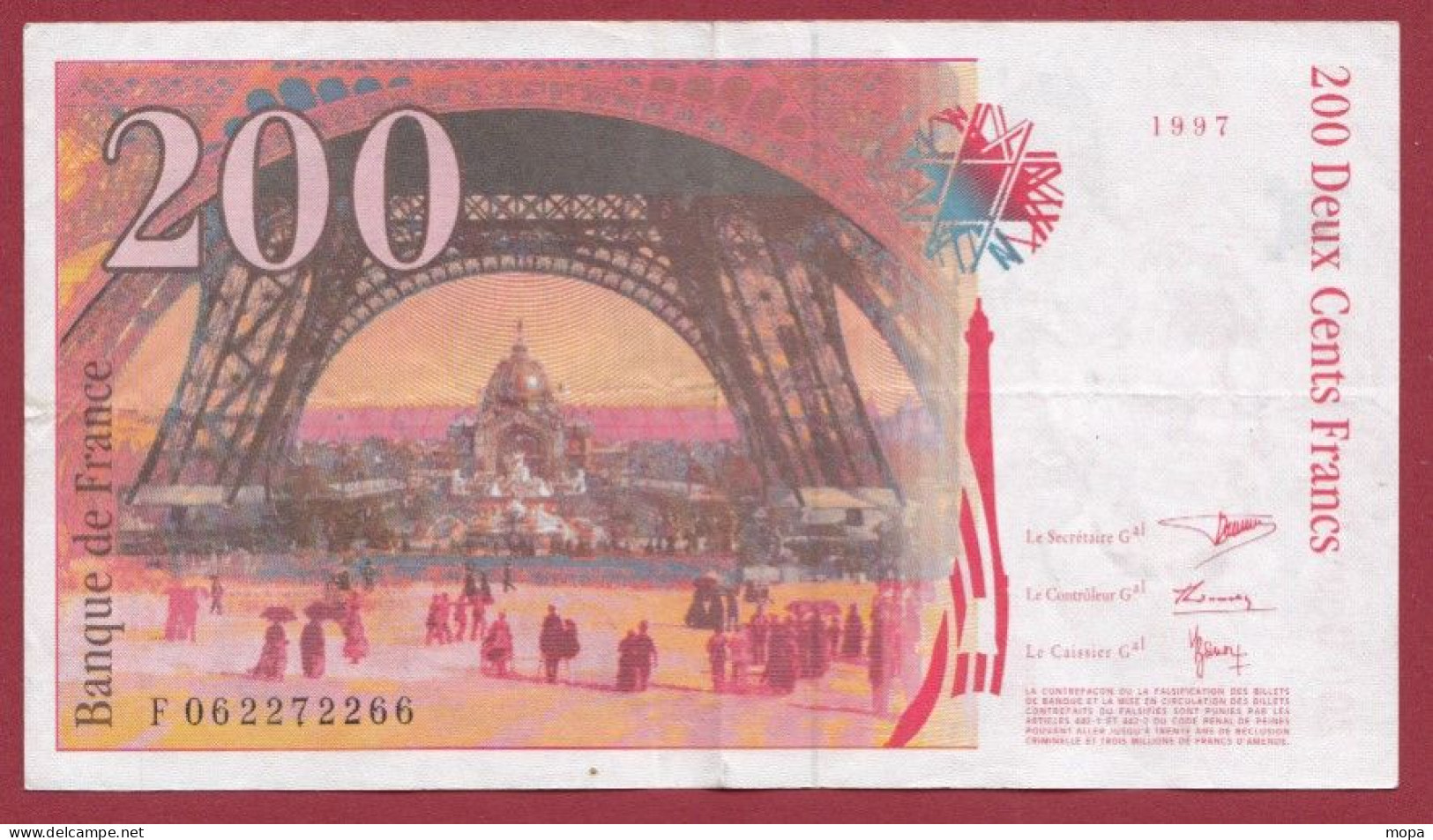 200 Francs "Eiffel"----1997---Alph F.062---Numéro 272266---dans L 'état (21) - 200 F 1995-1999 ''Eiffel''