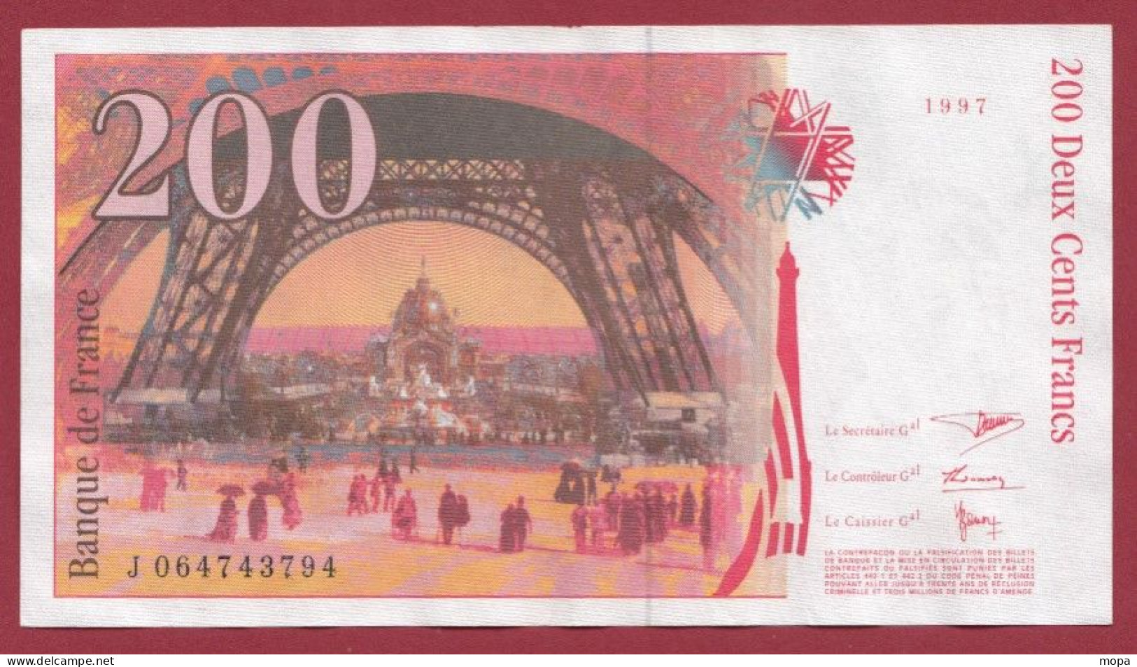 200 Francs "Eiffel"----1997---Alph J.064---Numéro 743794---dans L 'état (22) - 200 F 1995-1999 ''Eiffel''