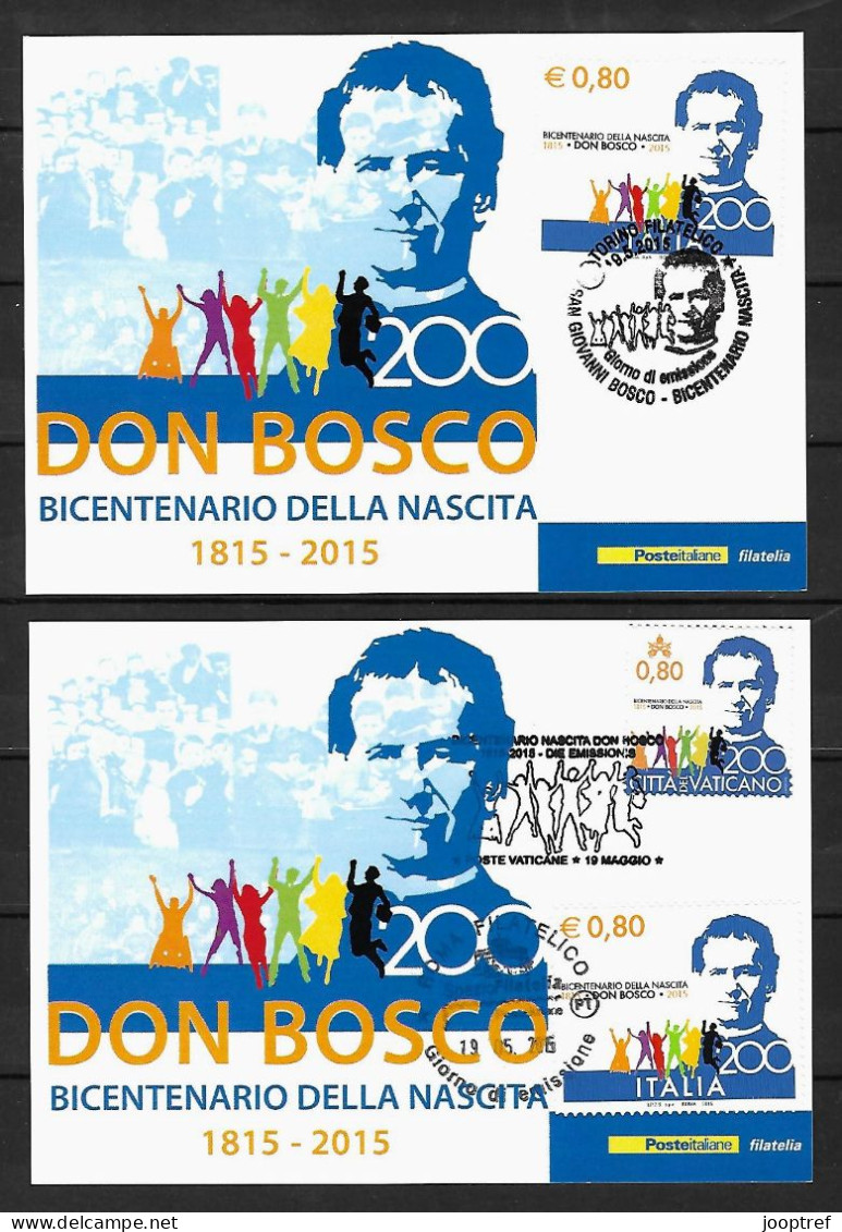 2015 Joint/Congiunta Italy And Vatican, SET OF 2 FDC MAXIMUM CARDS: Don Bosco - Emisiones Comunes