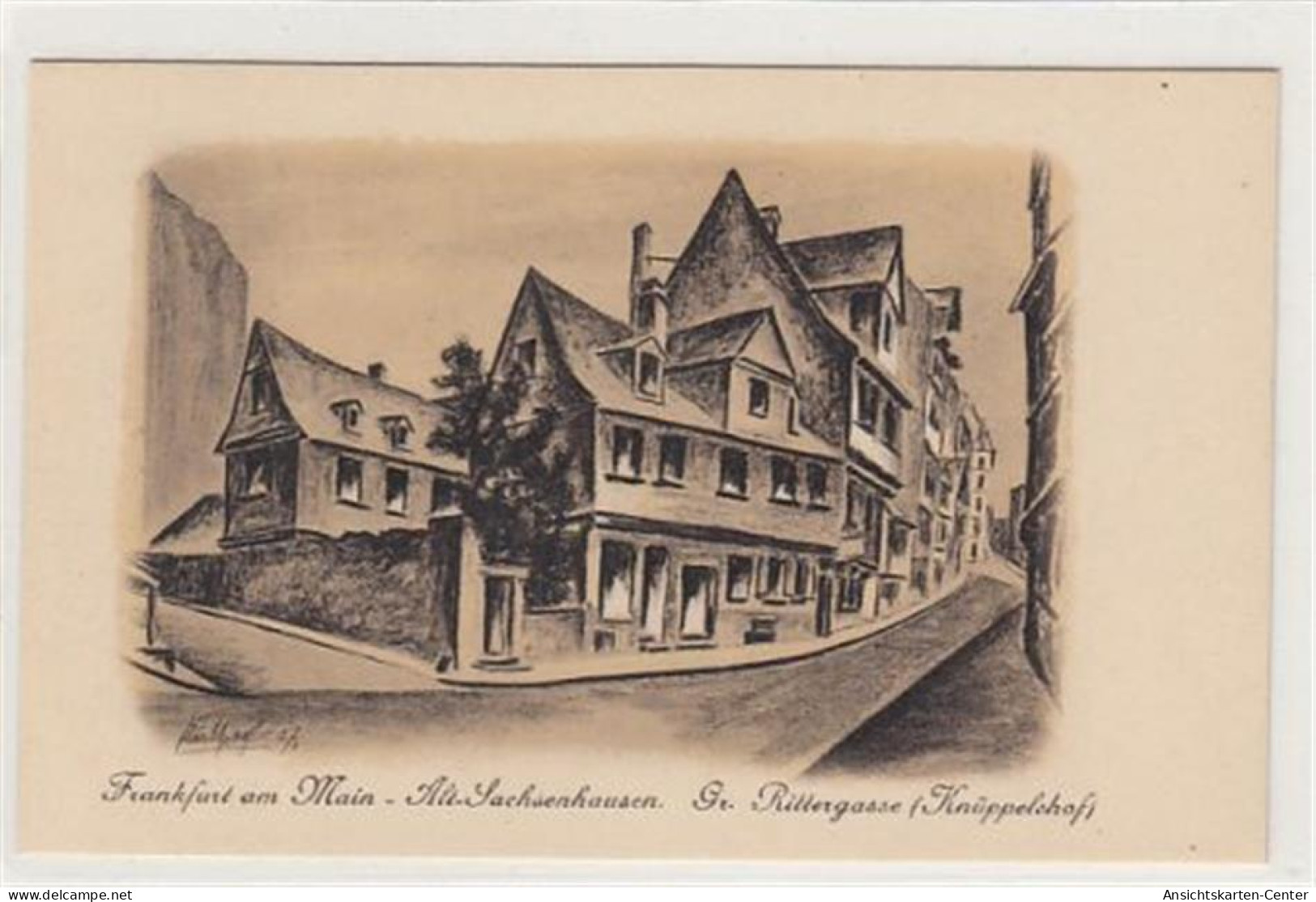 39089411 - Frankfurt Sachsenhausen, Kuenstlerkarte. Grosse Rittergasse (Knueppelshof) Ungelaufen  Top Erhaltung. - Frankfurt A. Main