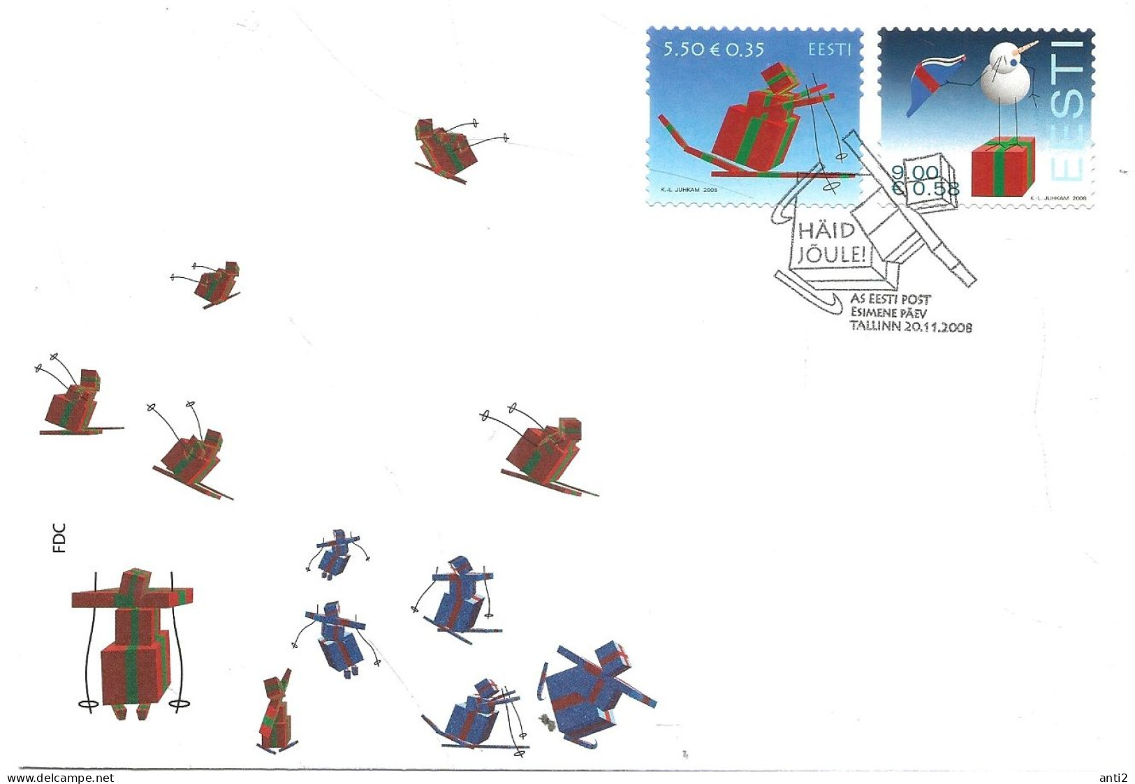 Estonia Eesti Estland 2008 Christmas, Gift Packages Make Up Skiers. Snowman As A Military Leadet Mi 627-628 FDC - Estonie