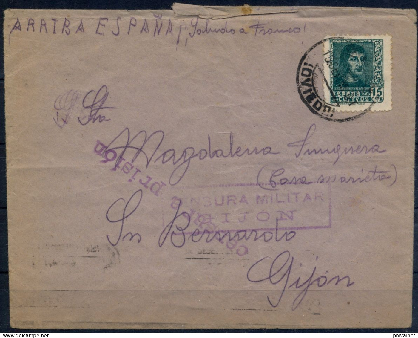 1938 , CÁRCEL DE EL COTO ( GIJÓN - ASTURIAS ) , CARTA CIRCULADA , CENSURA MILITAR Y CENSURA DE LA CÁRCEL , CONTIENE TEXT - Briefe U. Dokumente