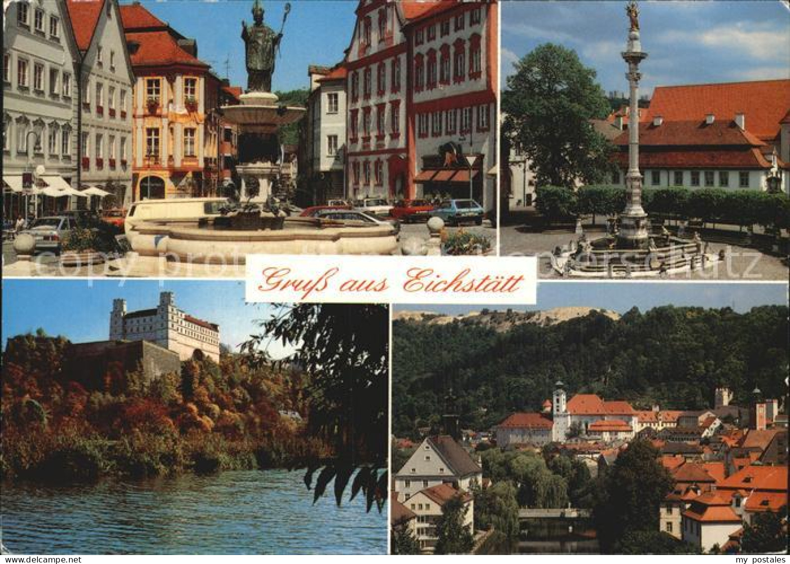 72525250 Eichstaett Oberbayern Markt Brunnen Saeule Schloss Teilansicht Blumenbe - Eichstätt
