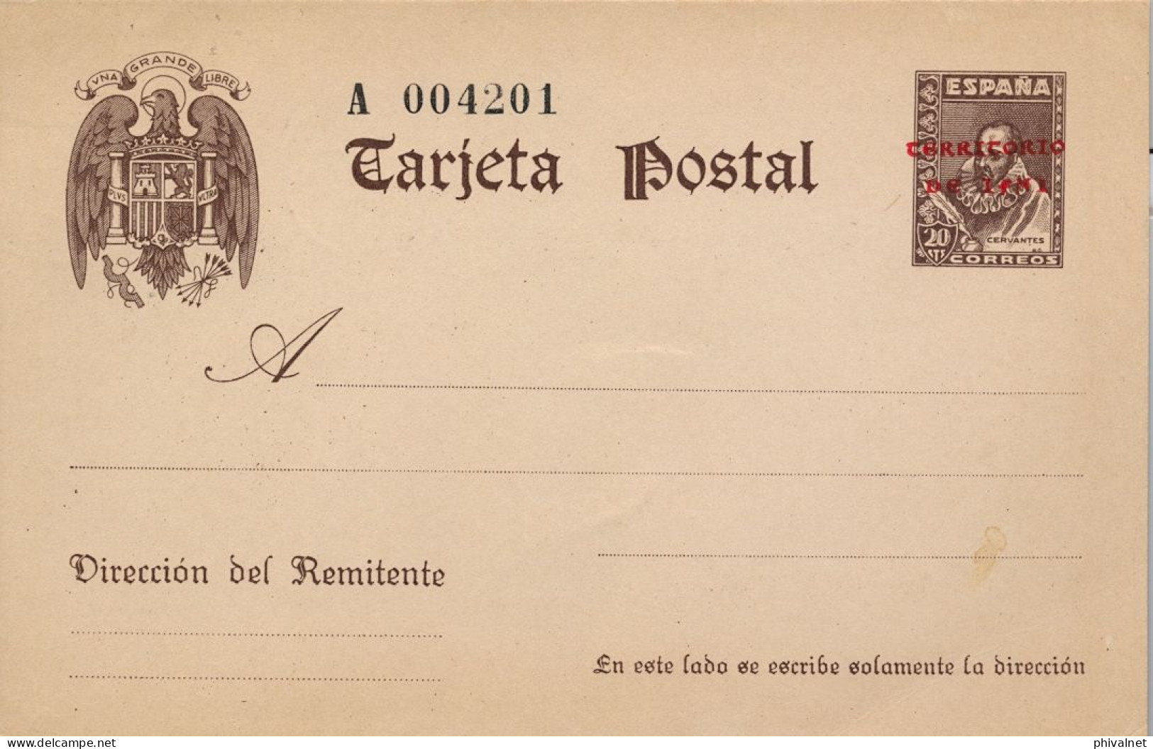 1941 IFNI , ENTERO POSTAL NO CIRCULADO , ED. 1 , CERVANTES HABILITADO , MUY RARO , ALTO VALOR EN CATÁLOGO - Ifni