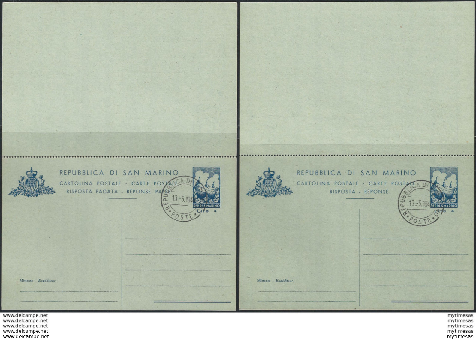 1947 San Marino Cartoline Postali Tre Penne L. 4+4 US Filagrano C24 - Other & Unclassified