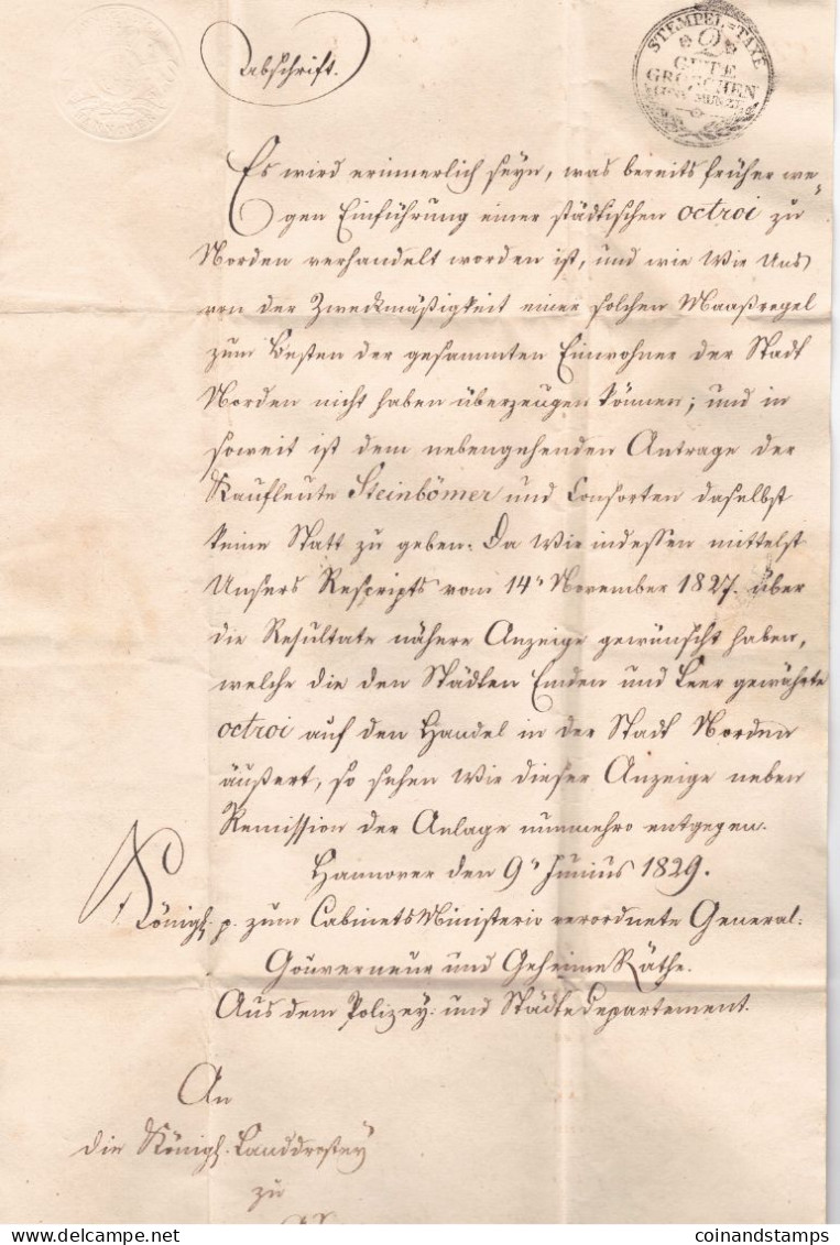 Hannover Dienstbrief 1829 mit Stempeltaxe 2 Groschen orig. gelaufen nach Norden, mit kompletten Inhalt, feinst