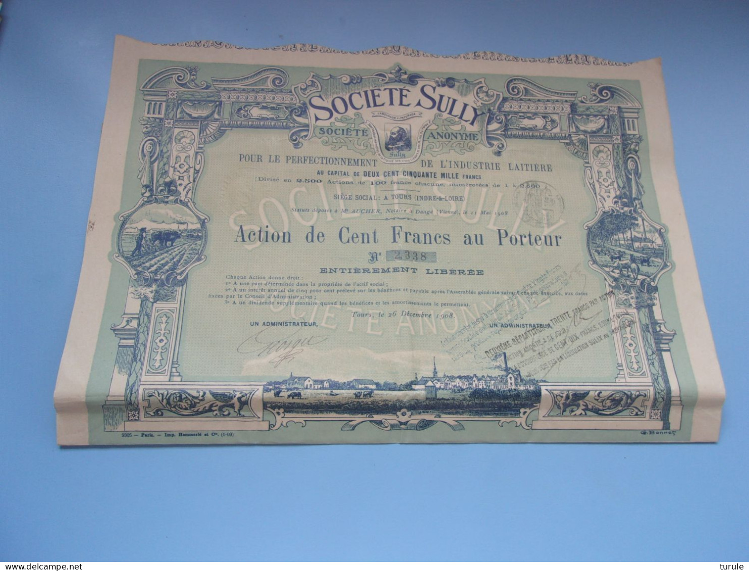 (déco) SULLY (action 100 Francs 1908)  TOURS-INDRE ET LOIRE - Autres & Non Classés