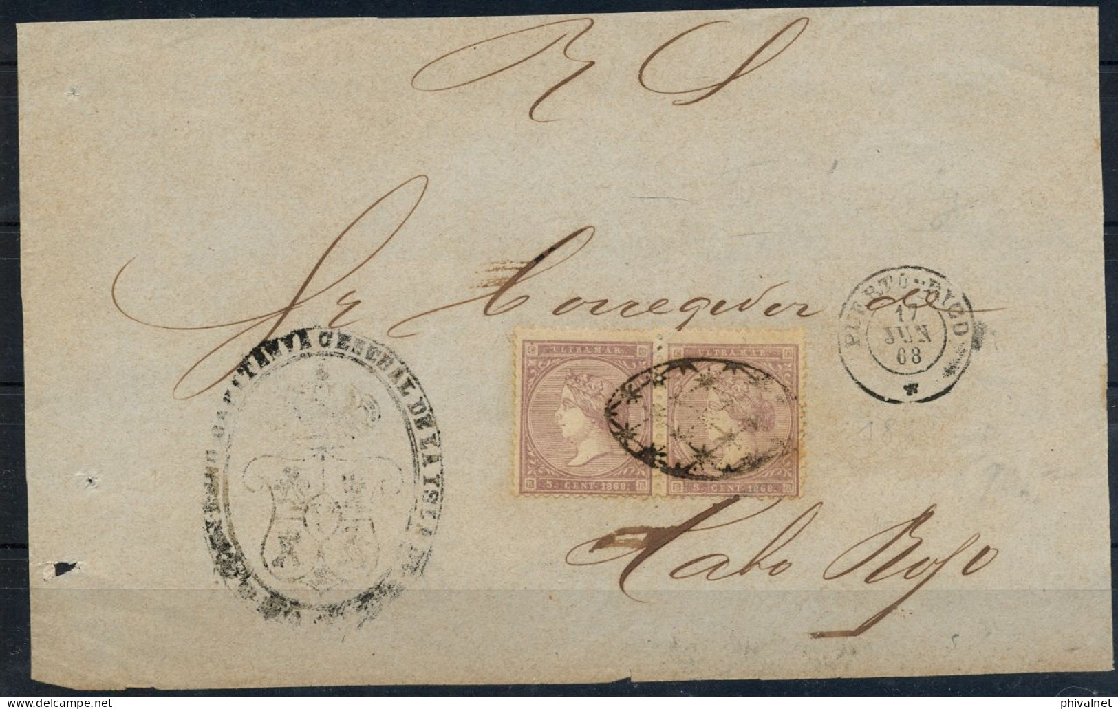 17/JUNIO/1868 , PUERTO RICO , SAN JUAN A CABO ROJO , FRANQUEO ED. 22 X 2 DE CUBA , FRONTAL CIRCULADO , RRR - Puerto Rico