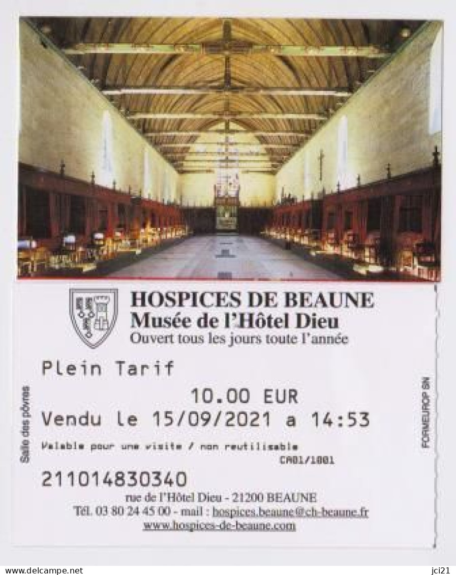Ticket Entrée Musée De L'Hôtel Dieu De BEAUNE " Salle Des Pôvres " (2365)_Di557 - Biglietti D'ingresso
