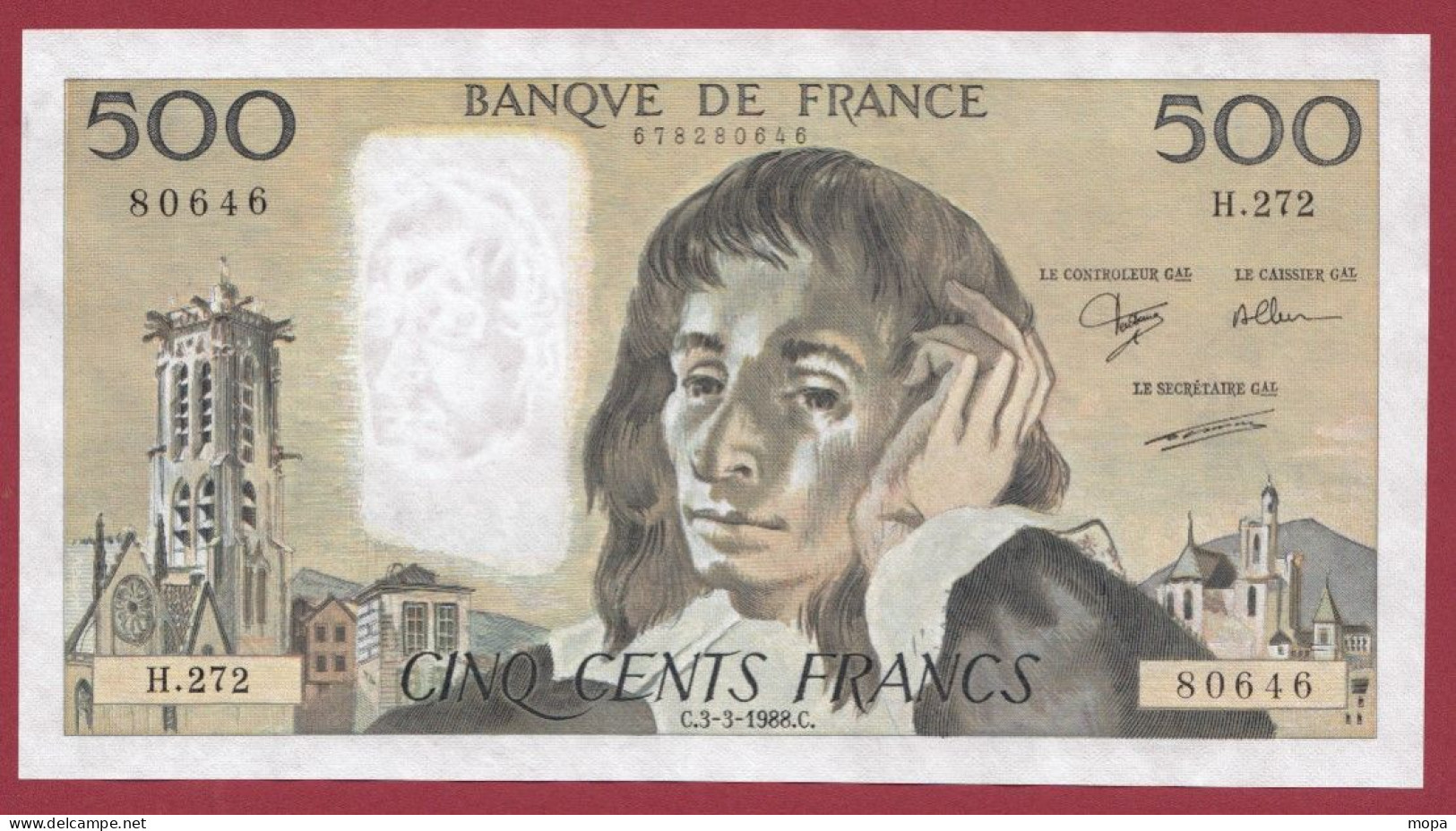 500 Francs "Pascal"- Du 03/03/1988.C--Alph .H.272- Numéro .80646-UNC/NEUF-- (963) - 500 F 1968-1993 ''Pascal''