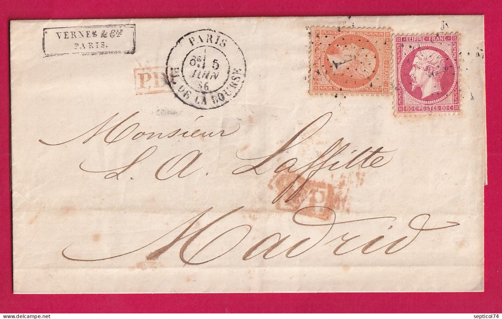 N°23 24 PARIS ETOILE 1 POUR MADRID ESPAGNE 1866 LETTRE - 1849-1876: Classic Period