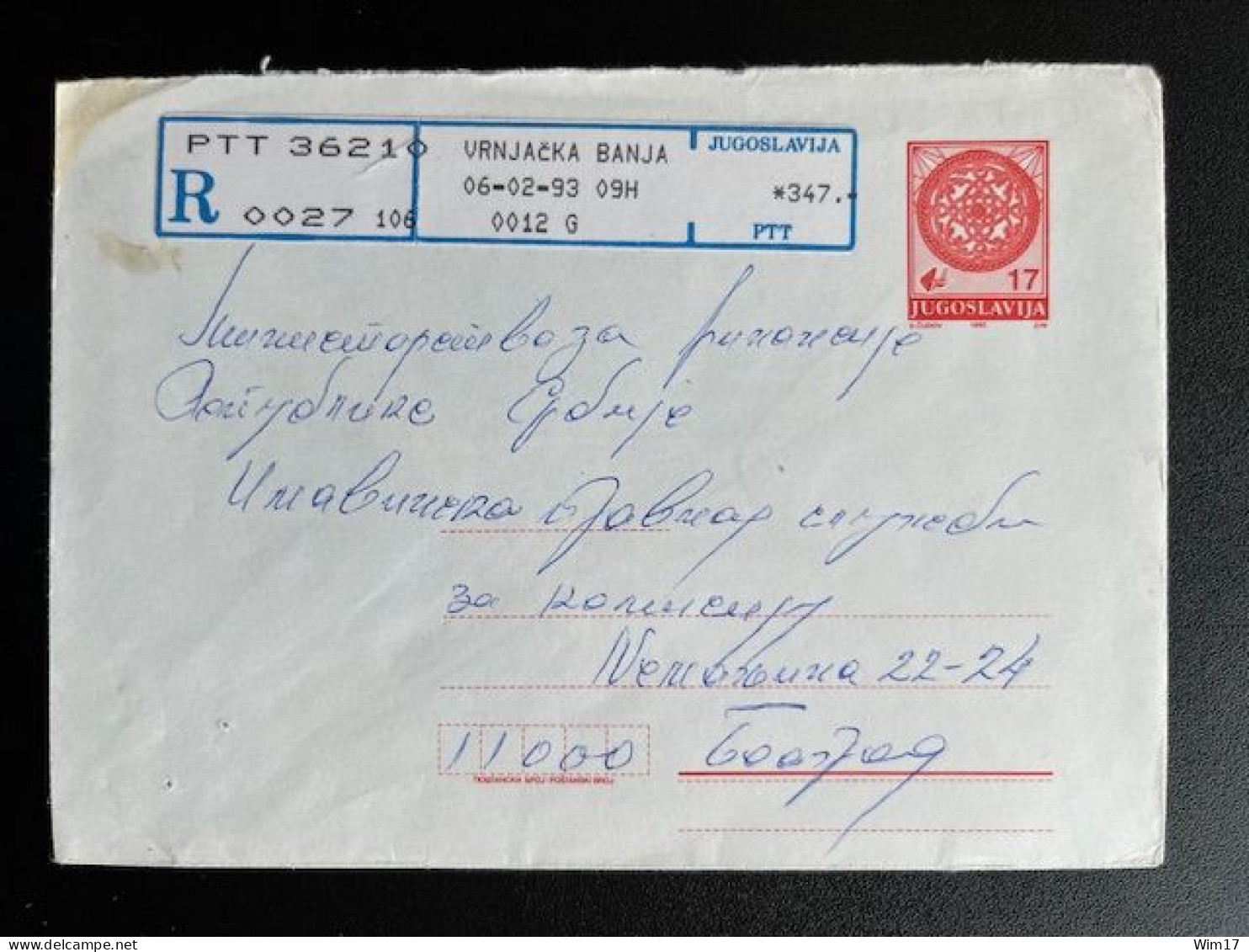 JUGOSLAVIJA YUGOSLAVIA 1993 REGISTERED LETTER VRNJACKA BANJA TO BELGRADE BEOGRAD 06-02-1993 - Covers & Documents