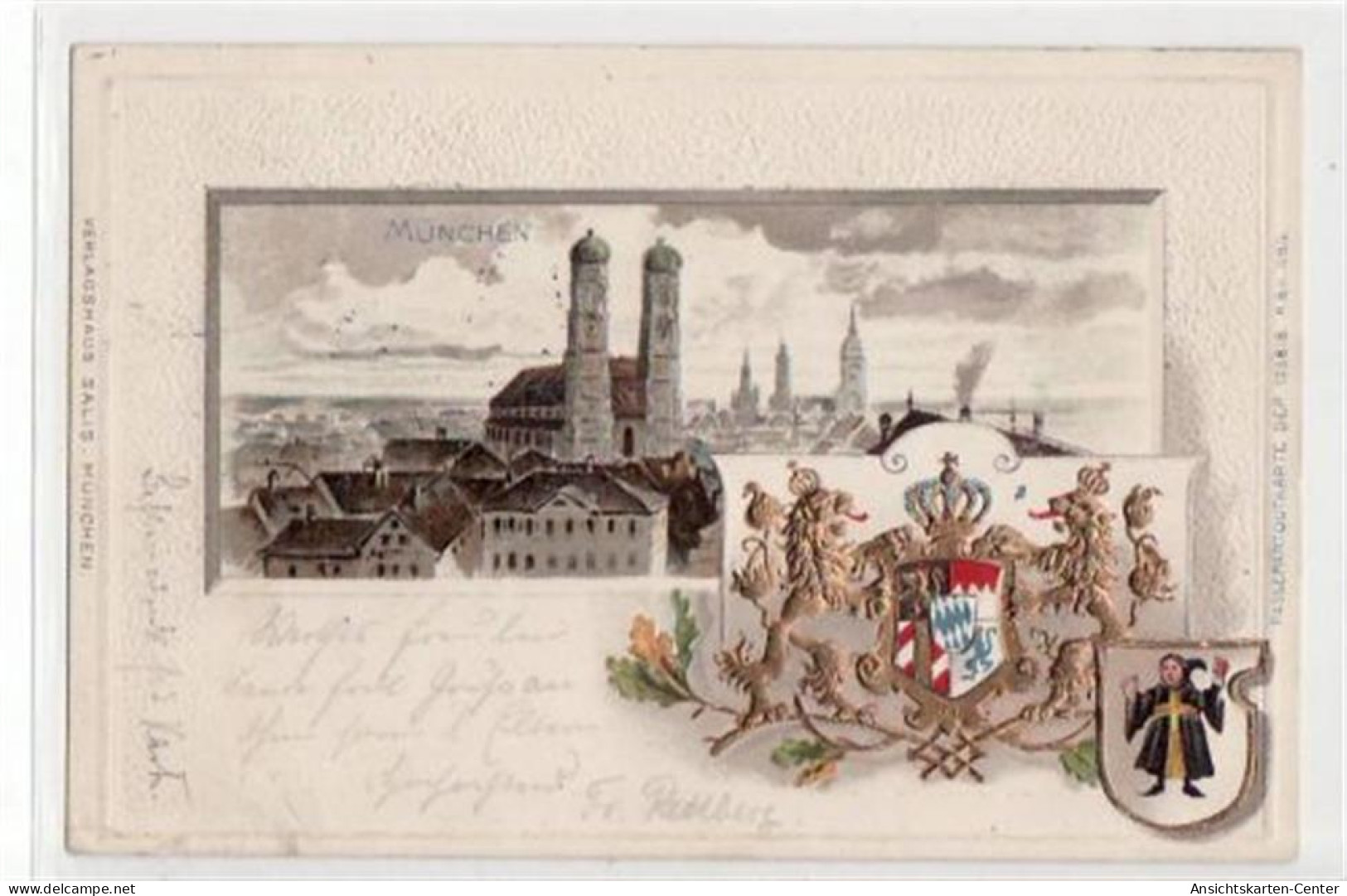 39044411 - Muenchen, Passepartoutkarte Mit Frauenkirche Und Stadtwappen Gelaufen Von Ca. 1900 Kleiner Knick Unten Links - Muenchen