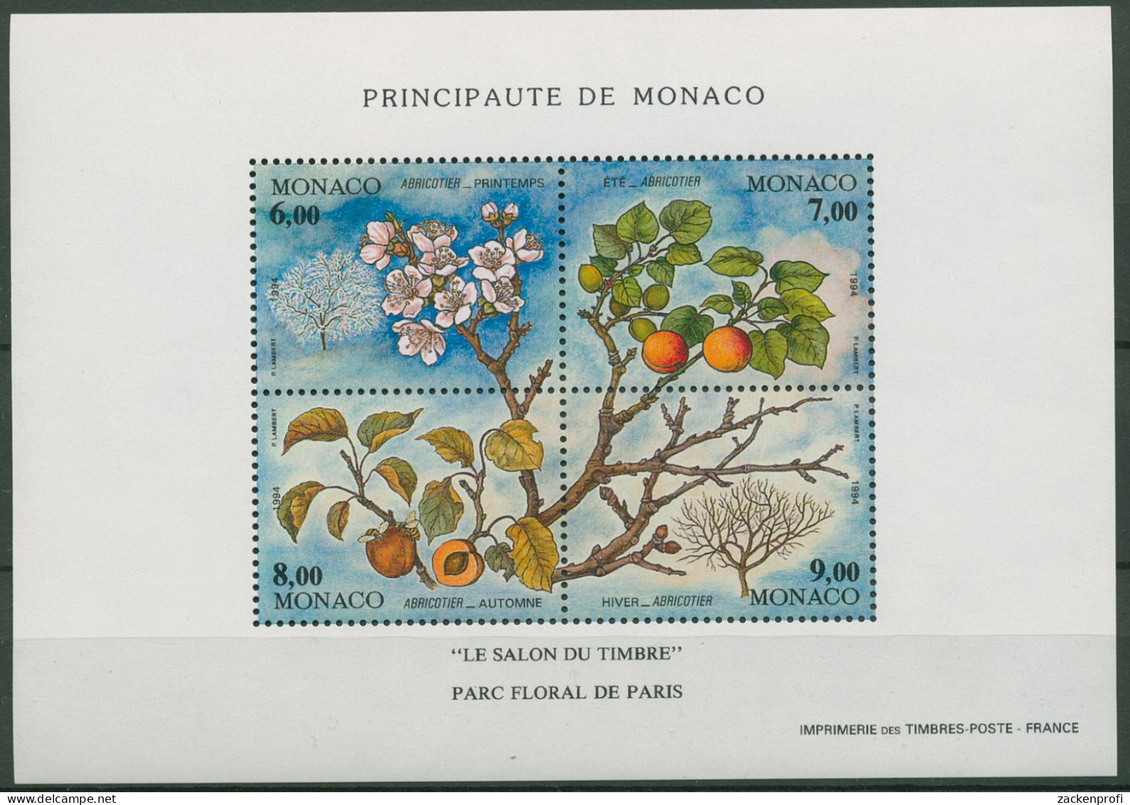 Monaco 1994 SALON DU TIMBRE Paris Vier Jahreszeiten Block 65 Postfrisch (C91313) - Blocks & Kleinbögen