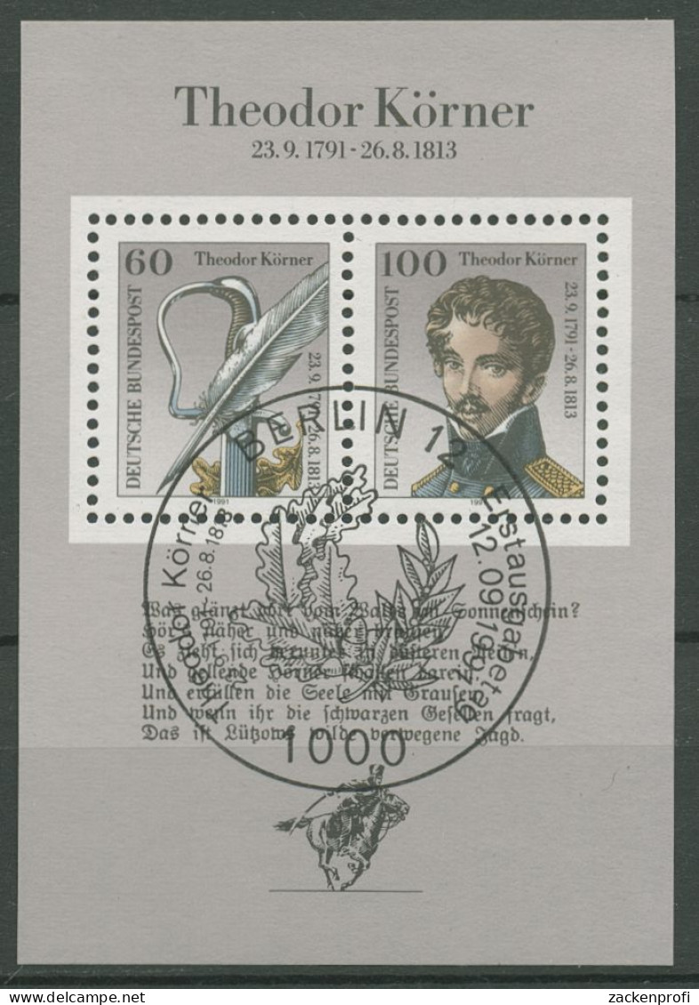 Bund 1991 Schriftsteller Theodor Körner Block 25 ESST Berlin Gestempelt (C98677) - Altri & Non Classificati