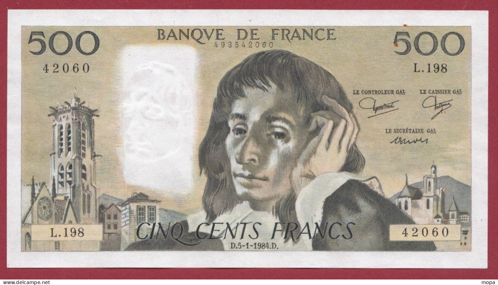 500 Francs "Pascal"- Du 05/01/1984.D--Alph .L.198- Dans L 'état-- (966) - 500 F 1968-1993 ''Pascal''