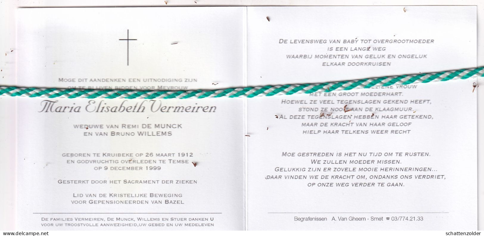 Maria Elisabeth Vermeiren-De Munck-Willems, Kruibeke 1912, Temse 1999. Foto - Obituary Notices