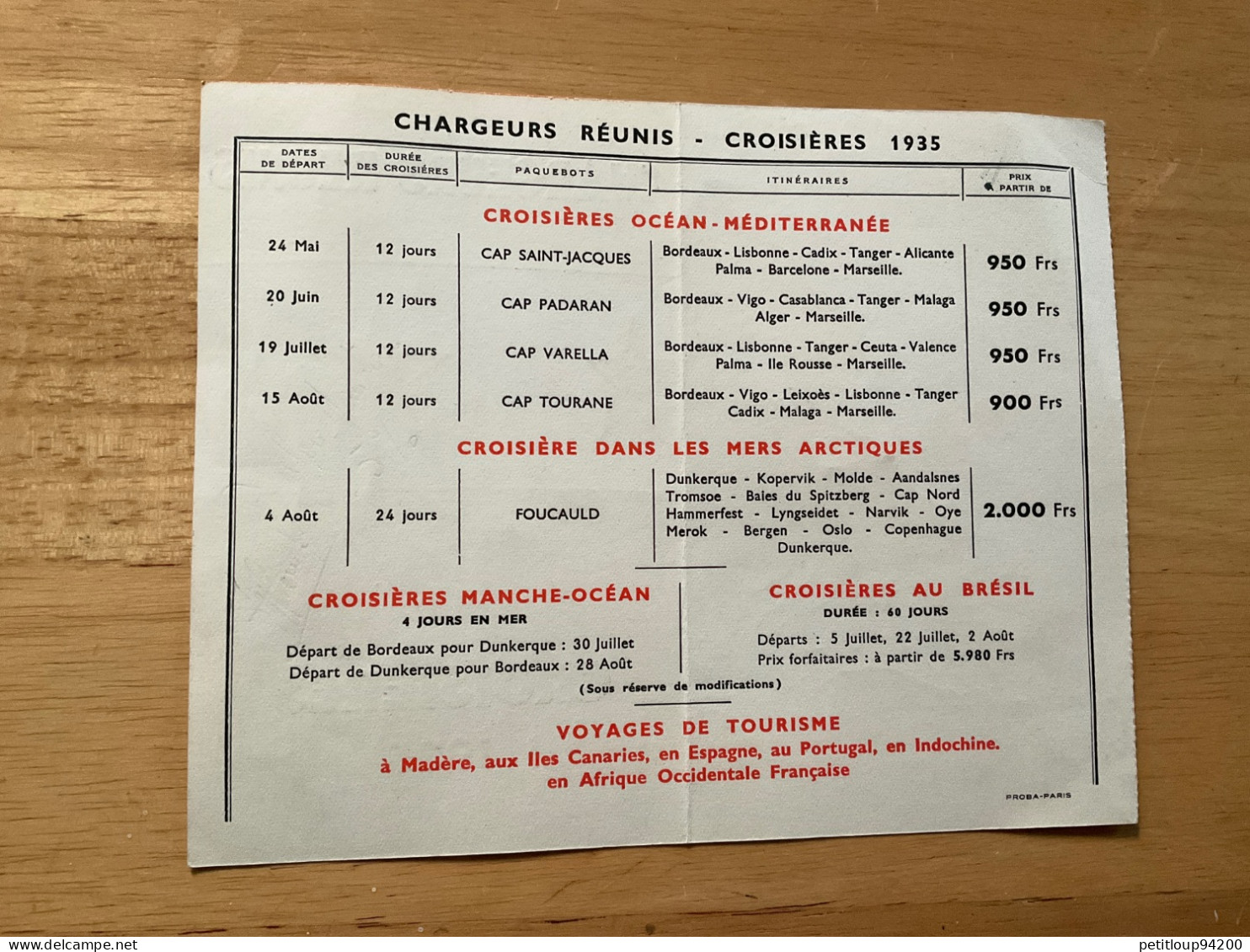 CHARGEURS RÉUNIS  Croisieres 1935 *OCEAN-MEDITERRANEE * MERS ARTIQUES * MANCHE-OCEAN  *BRESIL - Programmi