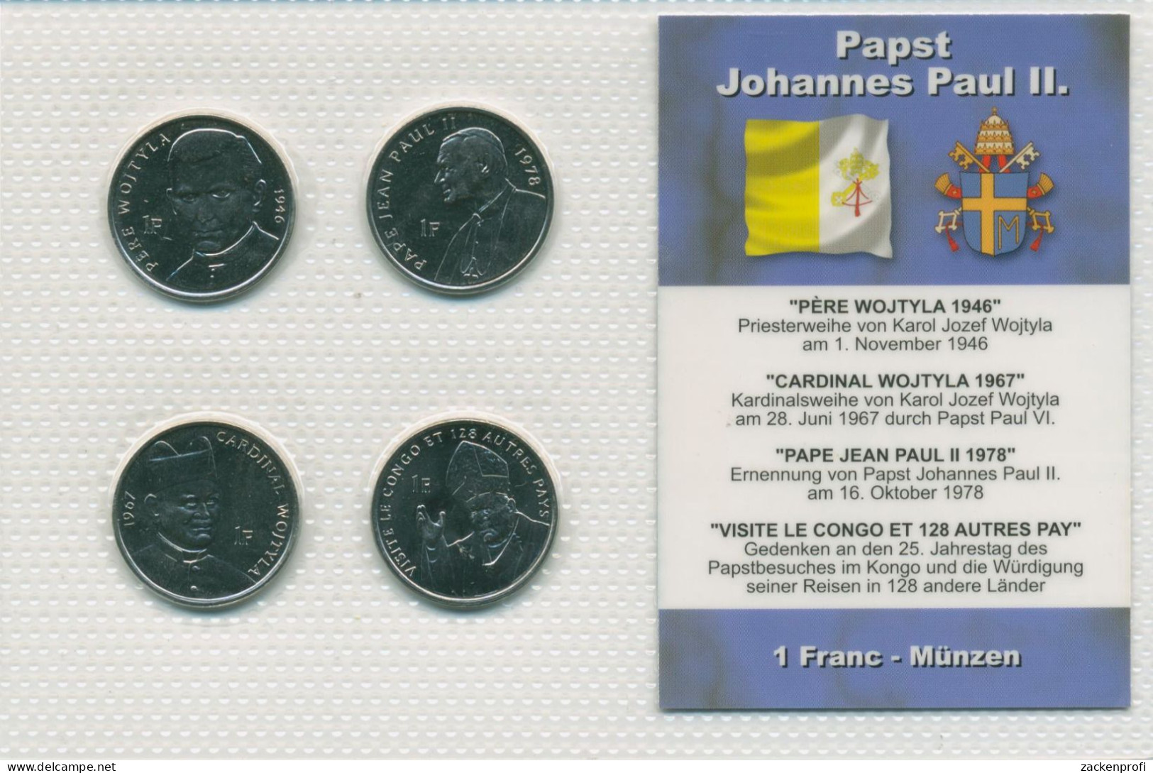 Kongo Kursmünzen 1 Franc 2004 Papst Johannes Paul II., KM 156/59, St, (m5737) - Congo (République Démocratique 1998)