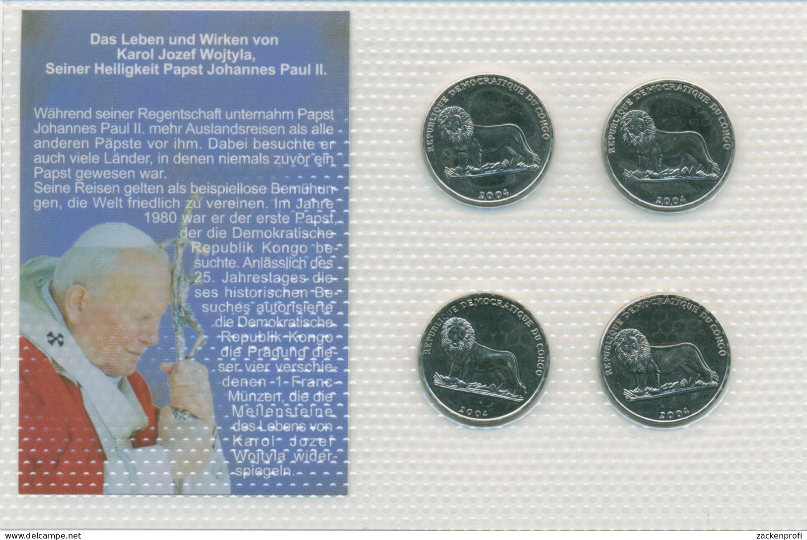 Kongo Kursmünzen 1 Franc 2004 Papst Johannes Paul II., KM 156/59, St, (m5737) - Congo (République Démocratique 1998)