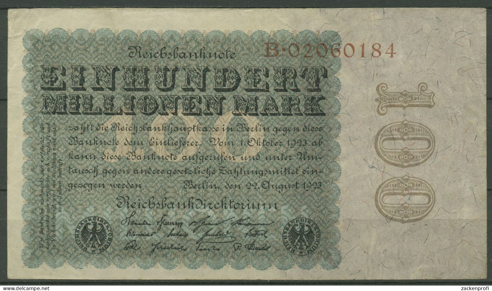Dt. Reich 100 Millionen Mark 1923, DEU-119a Serie B, Gebraucht (K1179) - 100 Miljoen Mark