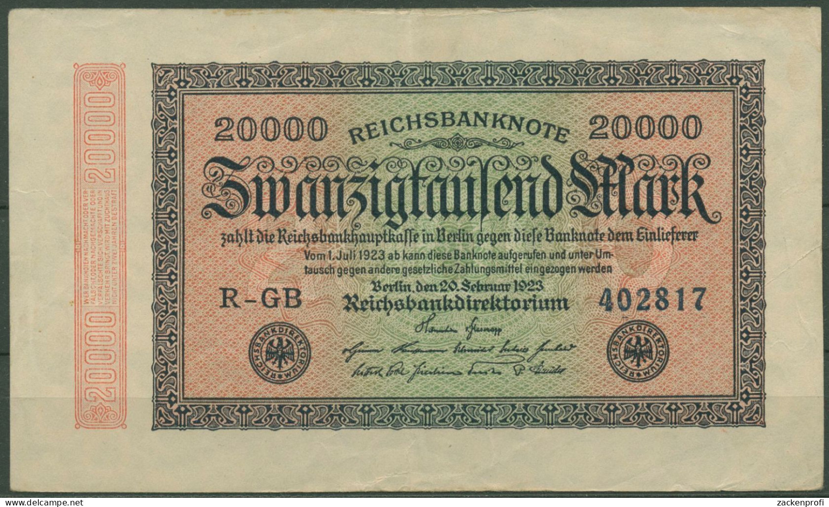 Dt. Reich 20000 Mark 1923, DEU-95f FZ GB, Gebraucht (K1363) - 20.000 Mark