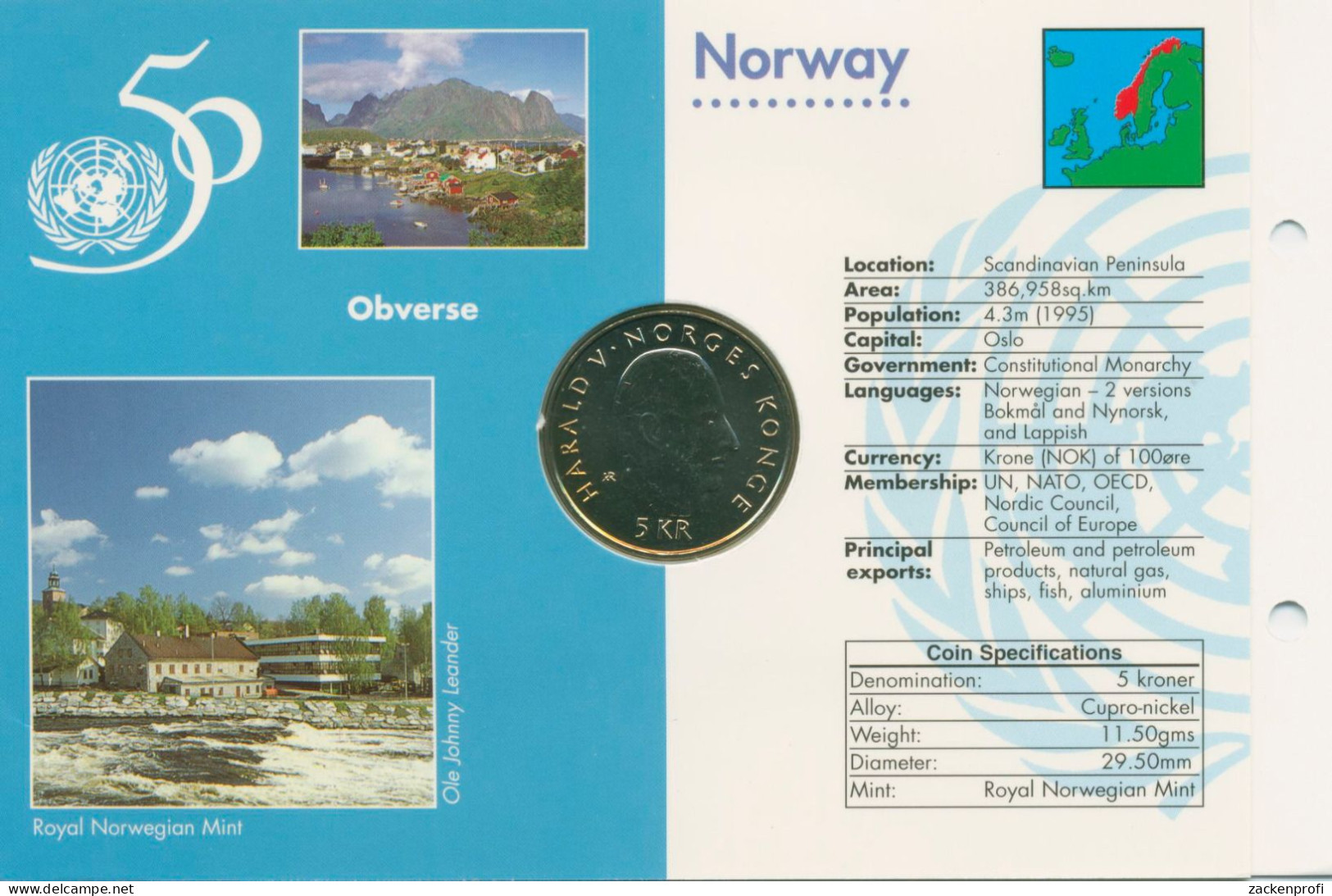 Norwegen 5 Kronen 1995, 50 Jahre Vereinte Nationen, KM 458, St, (m5755) - Norvège