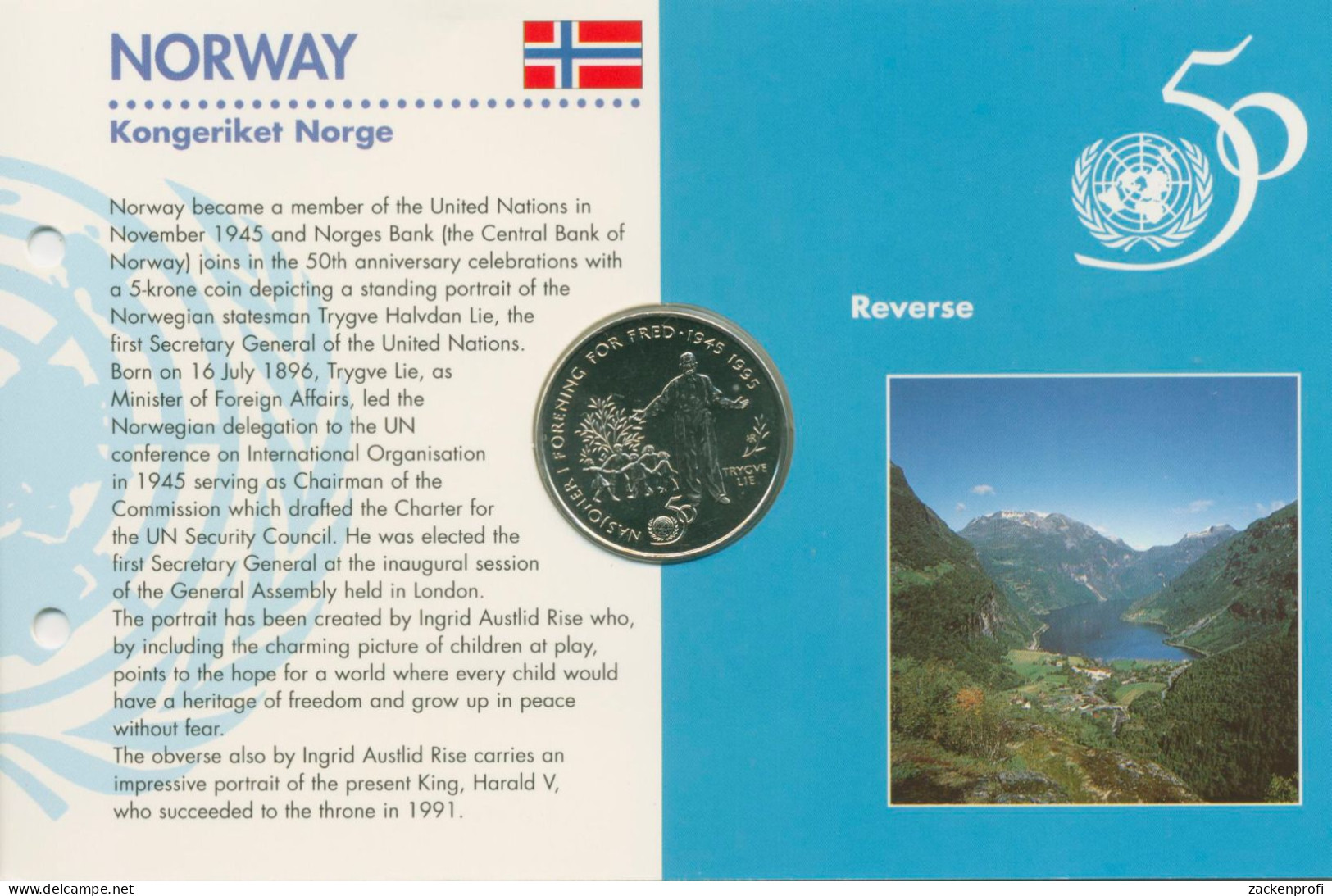 Norwegen 5 Kronen 1995, 50 Jahre Vereinte Nationen, KM 458, St, (m5755) - Norwegen