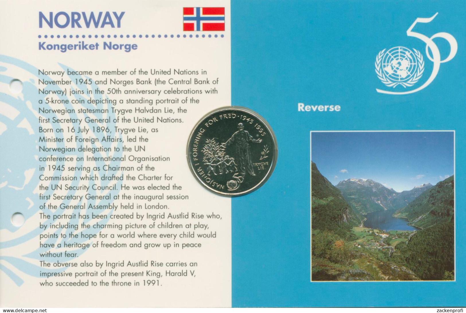 Norwegen 5 Kronen 1995, 50 Jahre Vereinte Nationen, KM 458, St, (m5755) - Norvège