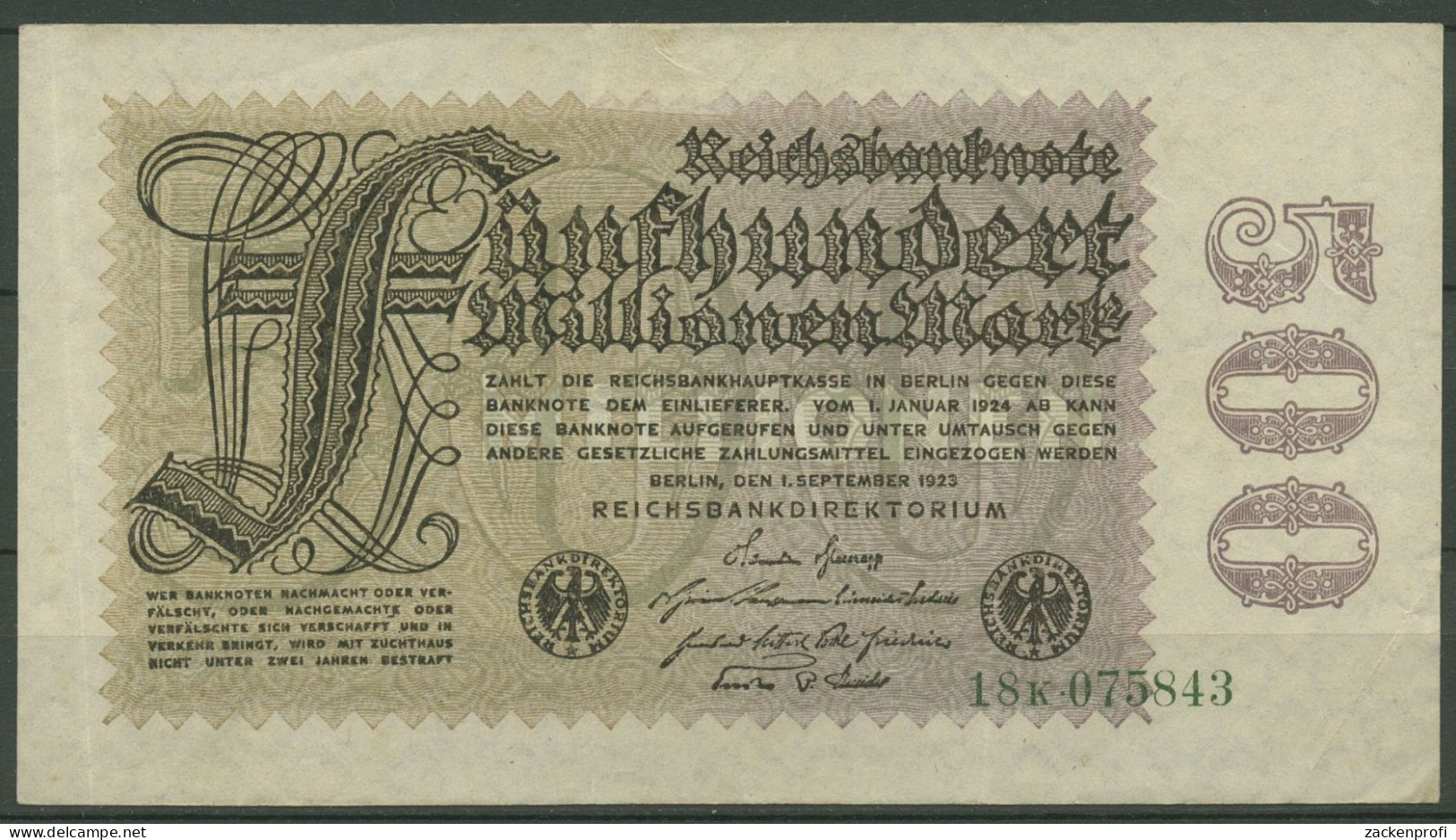 Dt. Reich 500 Millionen Mark 1923, DEU-125a FZ K, Gebraucht (K1172) - 500 Millionen Mark