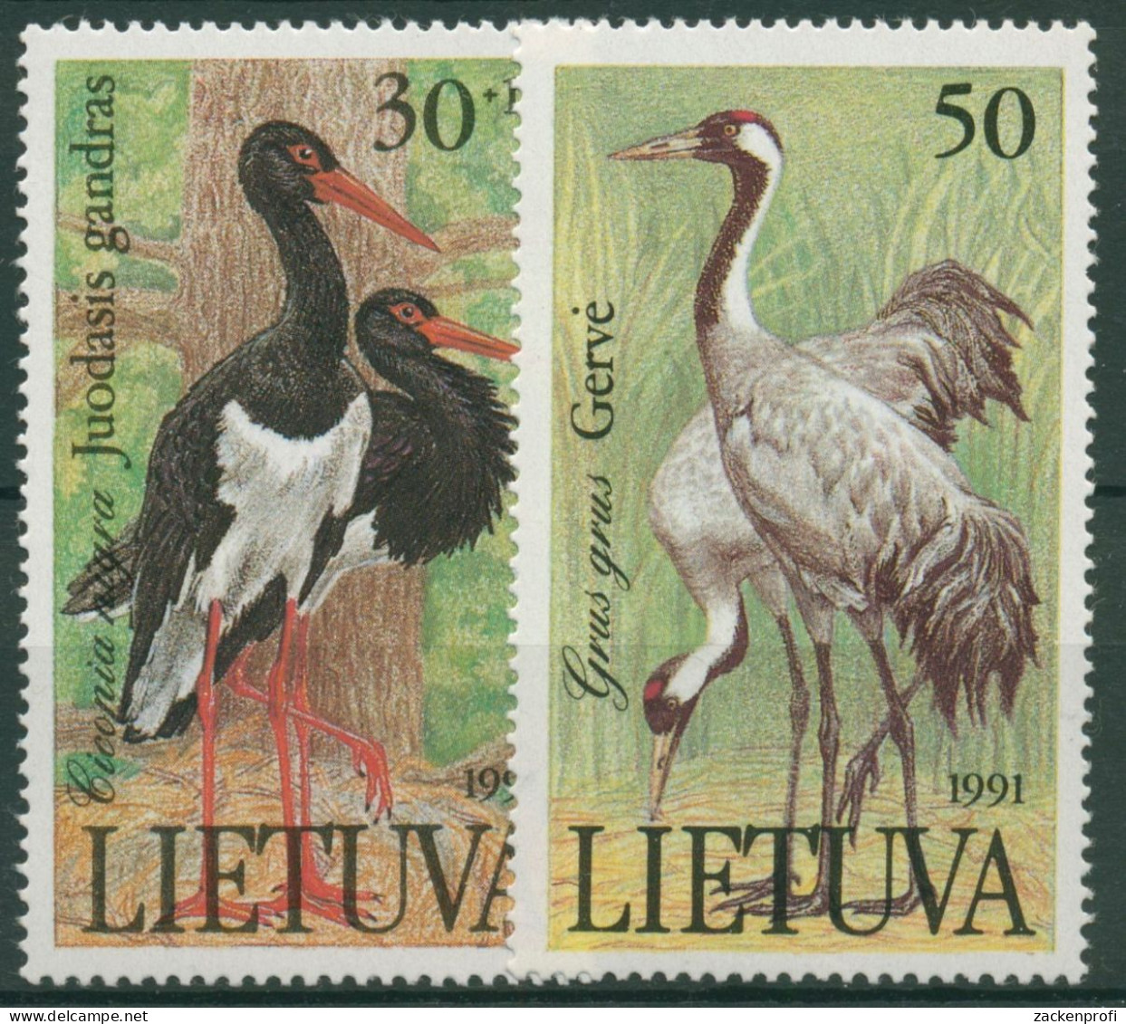 Litauen 1991 Gefährdete Vögel: Schwarzstorch, Kranich 489/90 Postfrisch - Lituanie