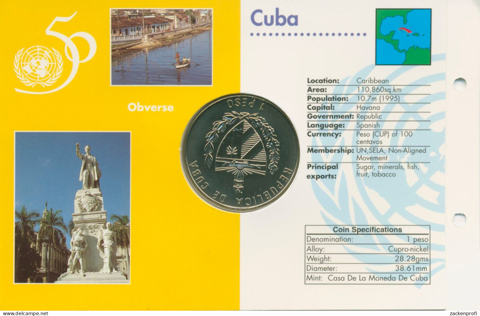 Kuba 1 Peso 1995, 50 Jahre Vereinte Nationen, KM 523, St (m5744) - Cuba