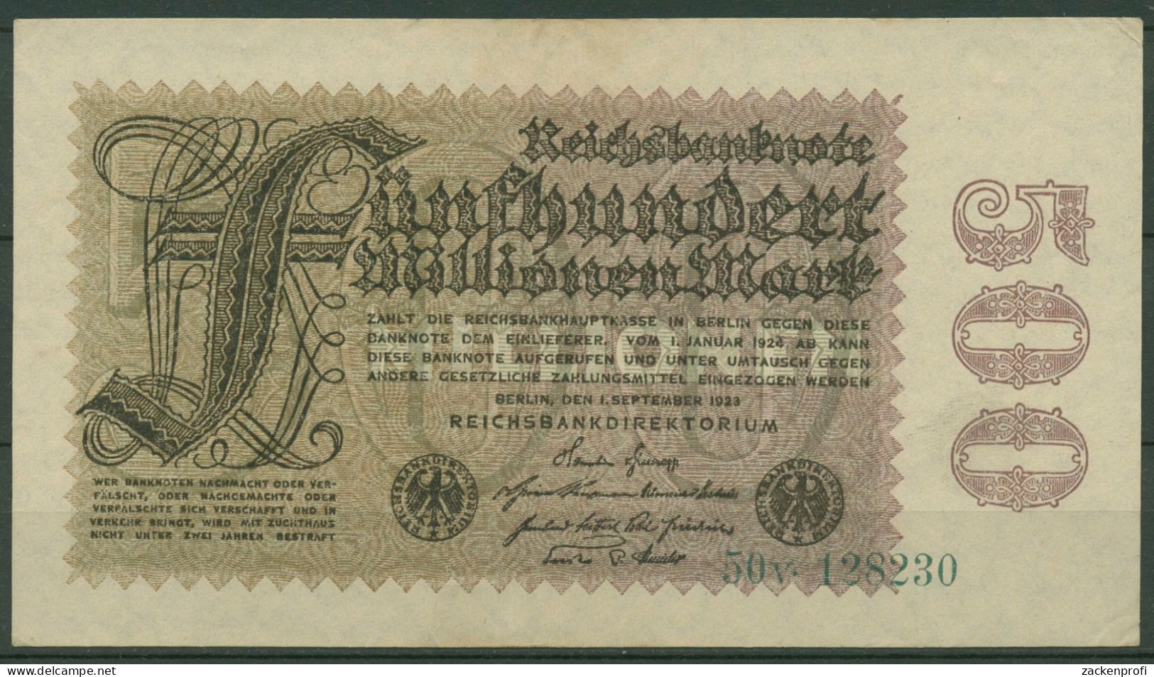 Dt. Reich 500 Millionen Mark 1923, DEU-125a FZ V, Leicht Gebraucht (K1174) - 500 Millionen Mark