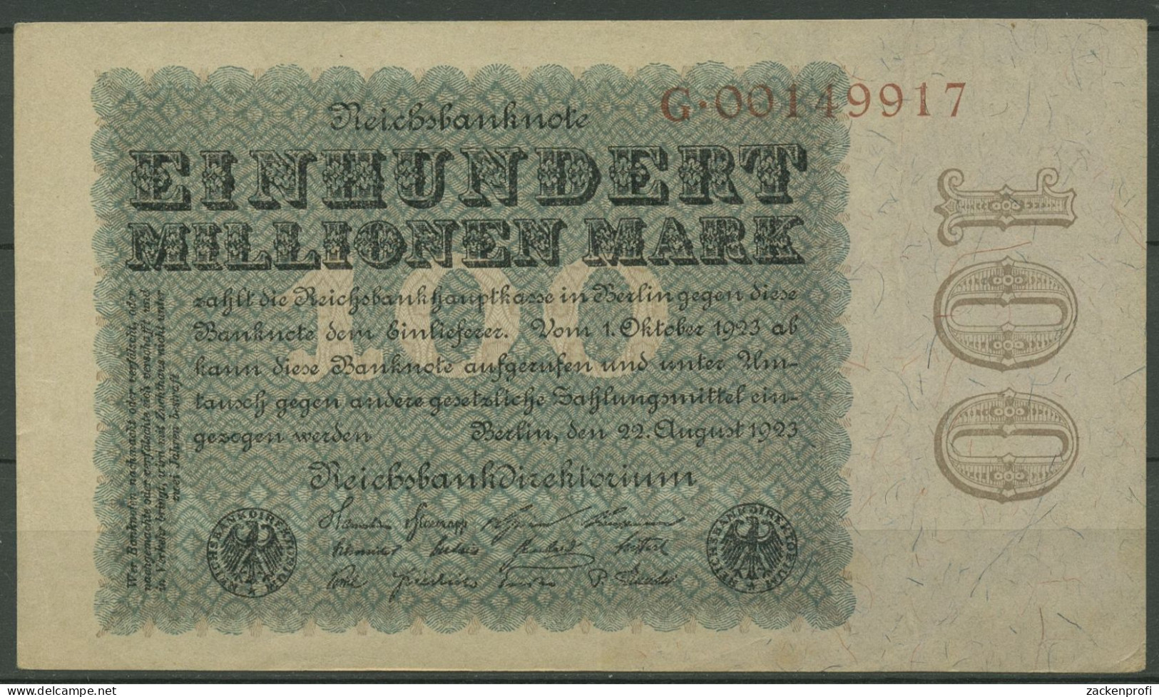 Dt. Reich 100 Millionen Mark 1923, DEU-119a Serie G, Gebraucht (K1178) - 100 Millionen Mark
