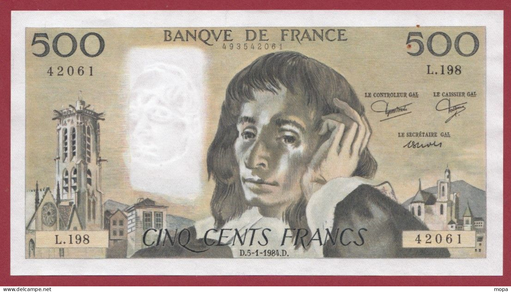 500 Francs "Pascal"- Du 05/01/1984.D--Alph .L.198- Dans L 'état-- (967) - 500 F 1968-1993 ''Pascal''