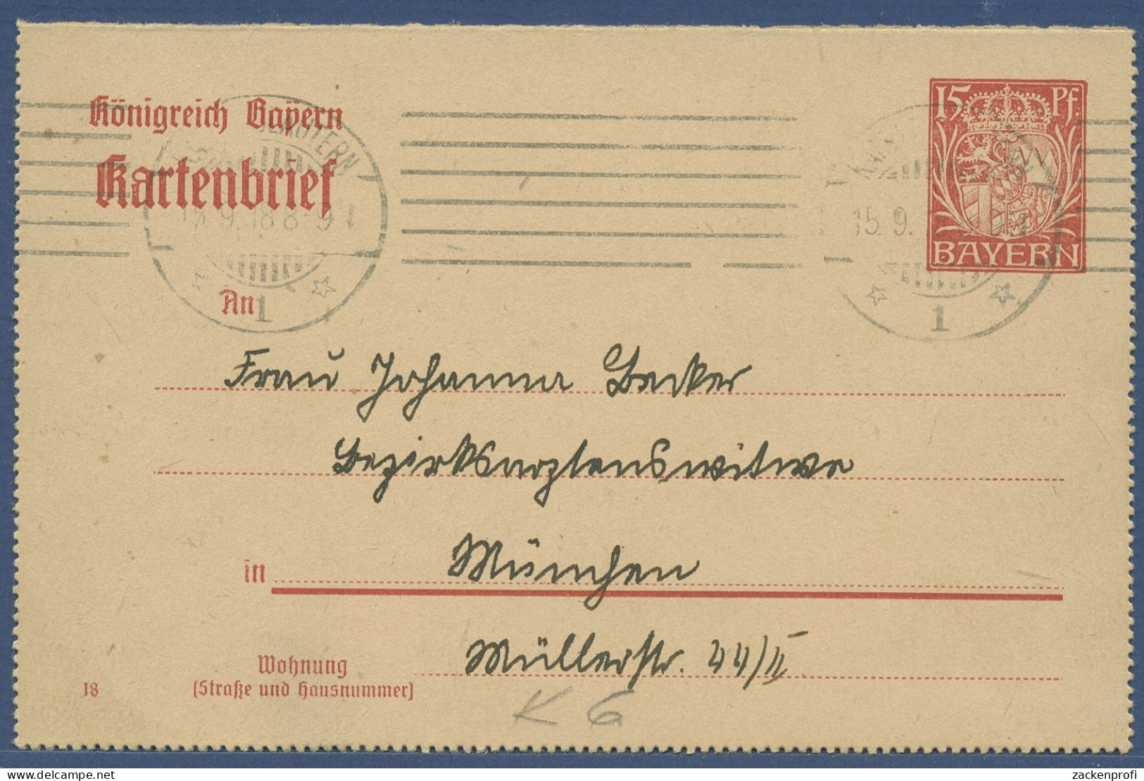 Bayern 1914 Neues Wappen Kartenbrief K 6/03 Gelaufen (X40949) - Postal  Stationery
