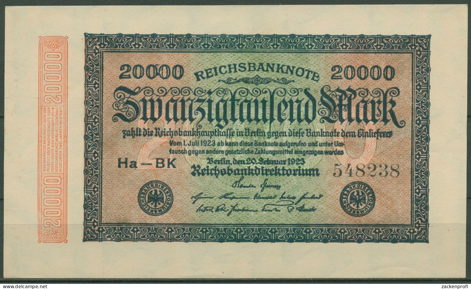 Dt. Reich 20000 Mark 1923, DEU-95i FZ BK, Fast Kassenfrisch (K1375) - 20000 Mark
