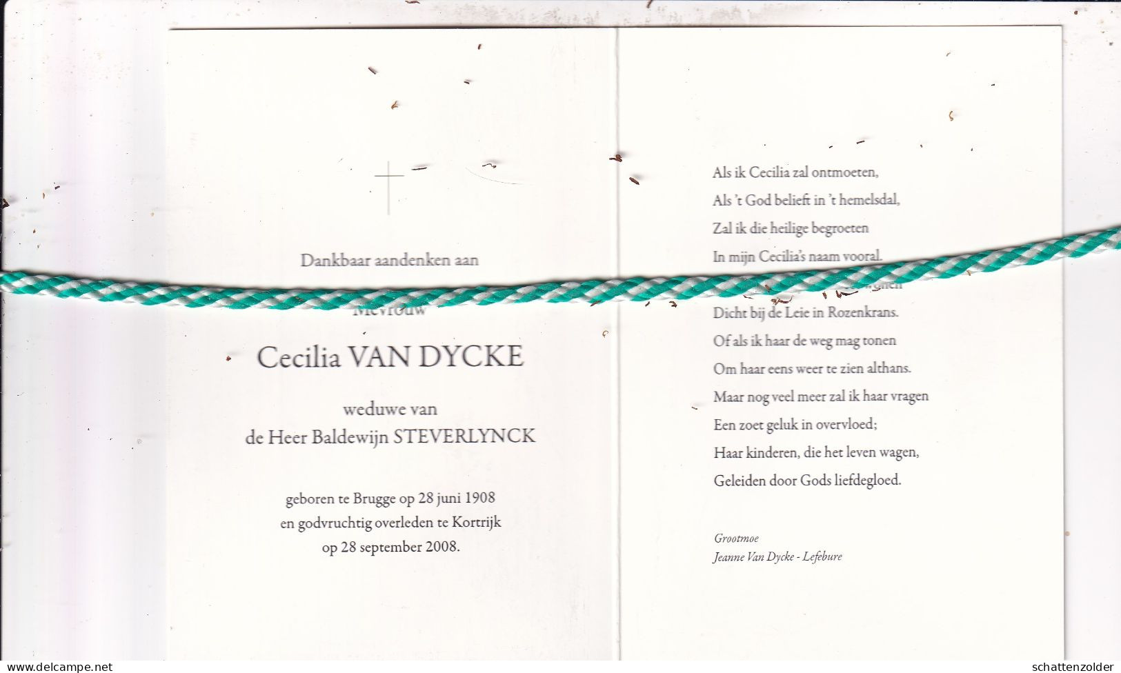 Cecilia Van Dycke-Steverlynck, Brugge 1908, Kortrijk 2008. Honderdjarige. Foto - Obituary Notices