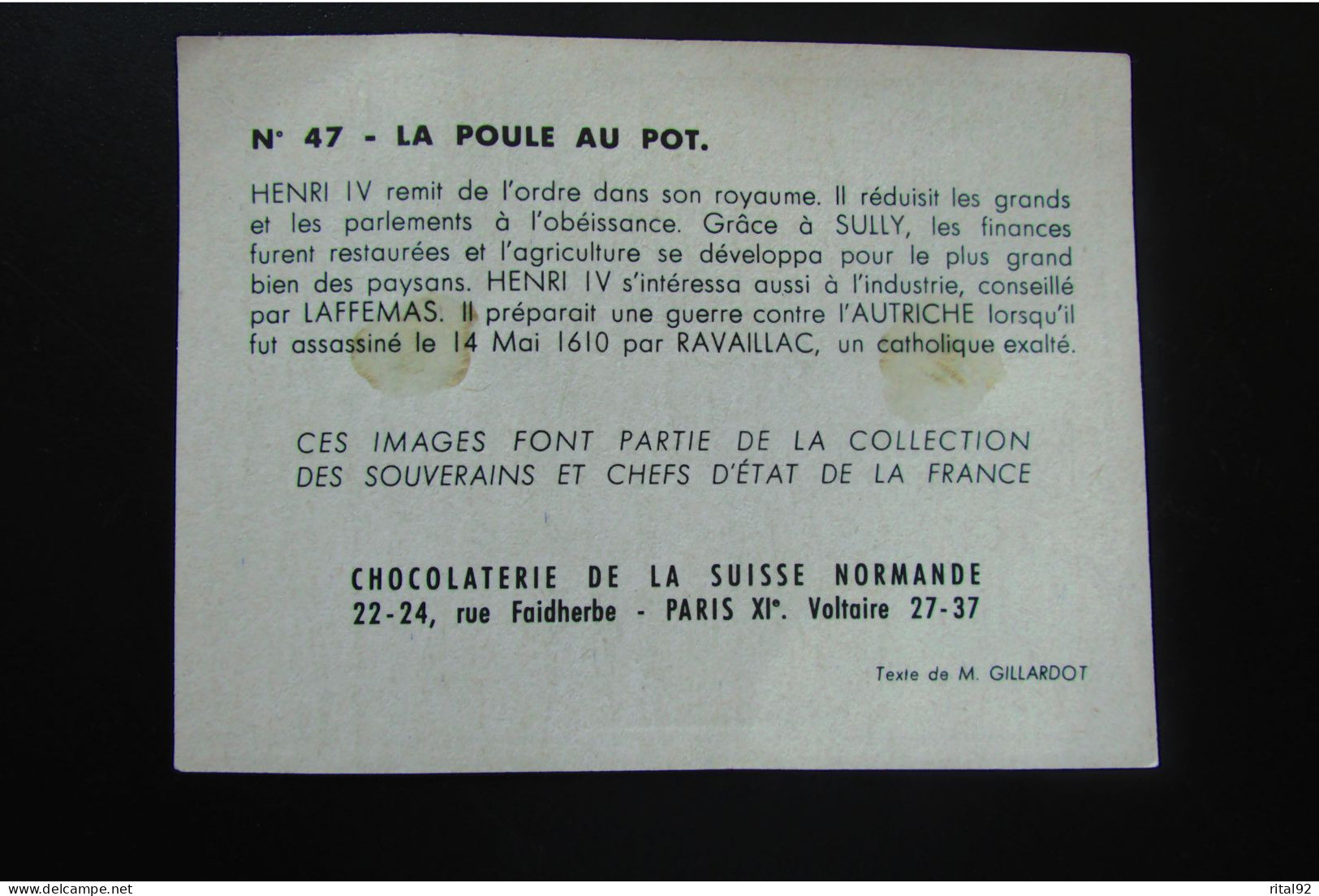 Chromo/Image "Chocolaterie De La SUISSE NORMANDE" - Série "album : Souverains Et Chefs De L'état De La FRANCE" - Andere & Zonder Classificatie