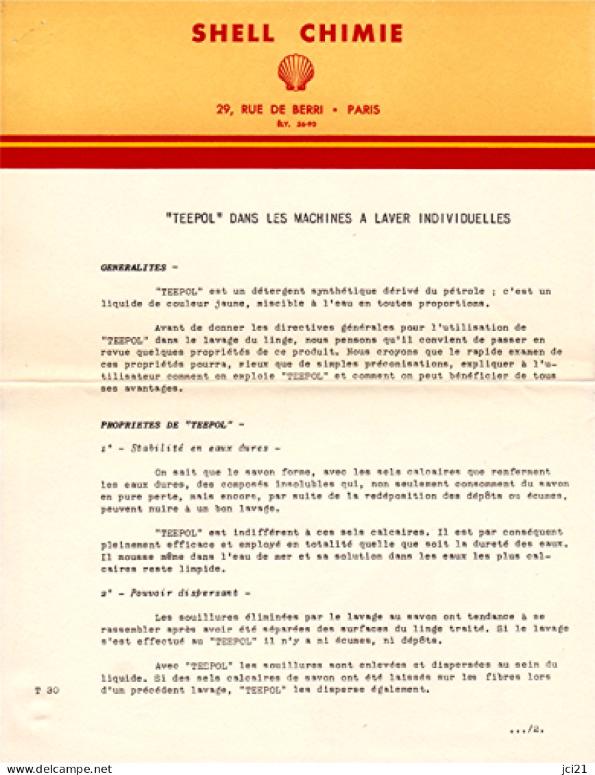 Lettre Circulaire Sur L'emploi Du Détergent "TEEPOL" Dans Les Machines à Laver (3 Pages) - SHELL Chimie_RLVP12 - Chemist's (drugstore) & Perfumery