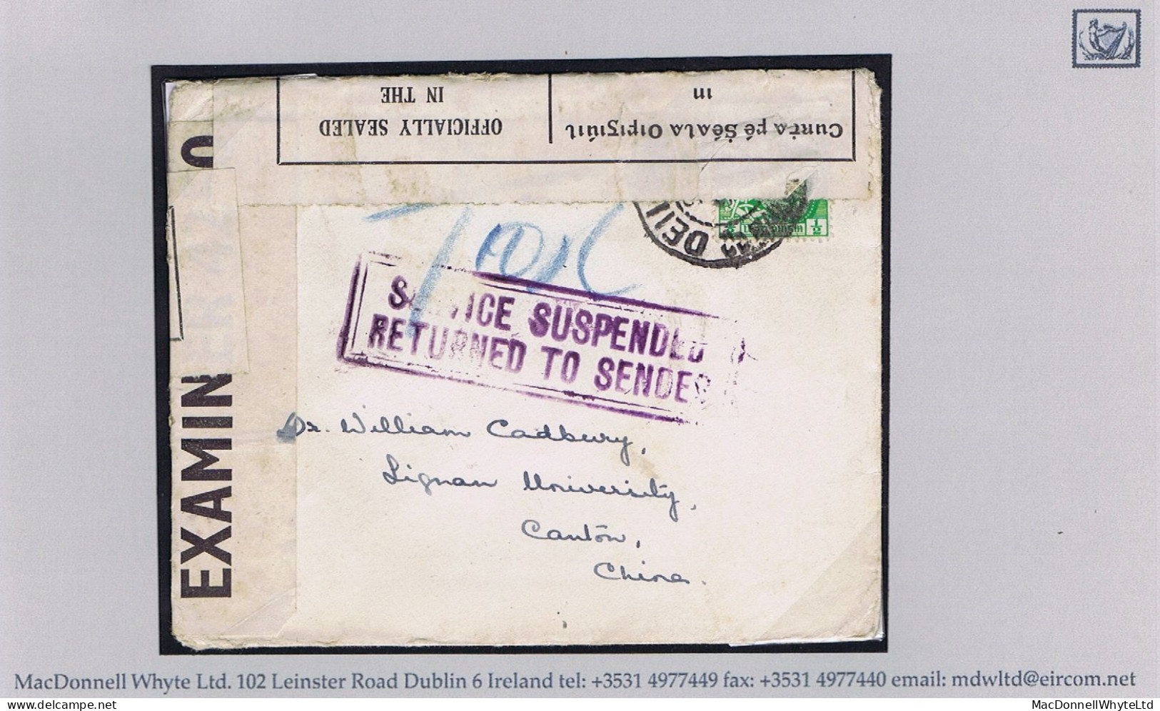 Ireland China Dublin 1941 Cover Dalkey To Lingnan University Canton, With SERVICE SUSPENDED - Autres & Non Classés