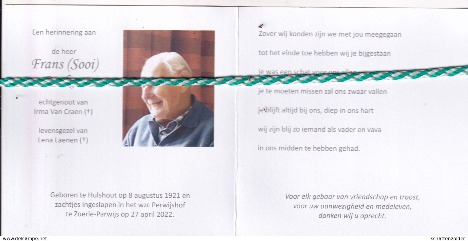 Frans (Sooi) Deckers-Van Craen-Laenen, Hulshout 1911, Zoerle-Parwijs 2022. Honderdjarige. Foto - Obituary Notices