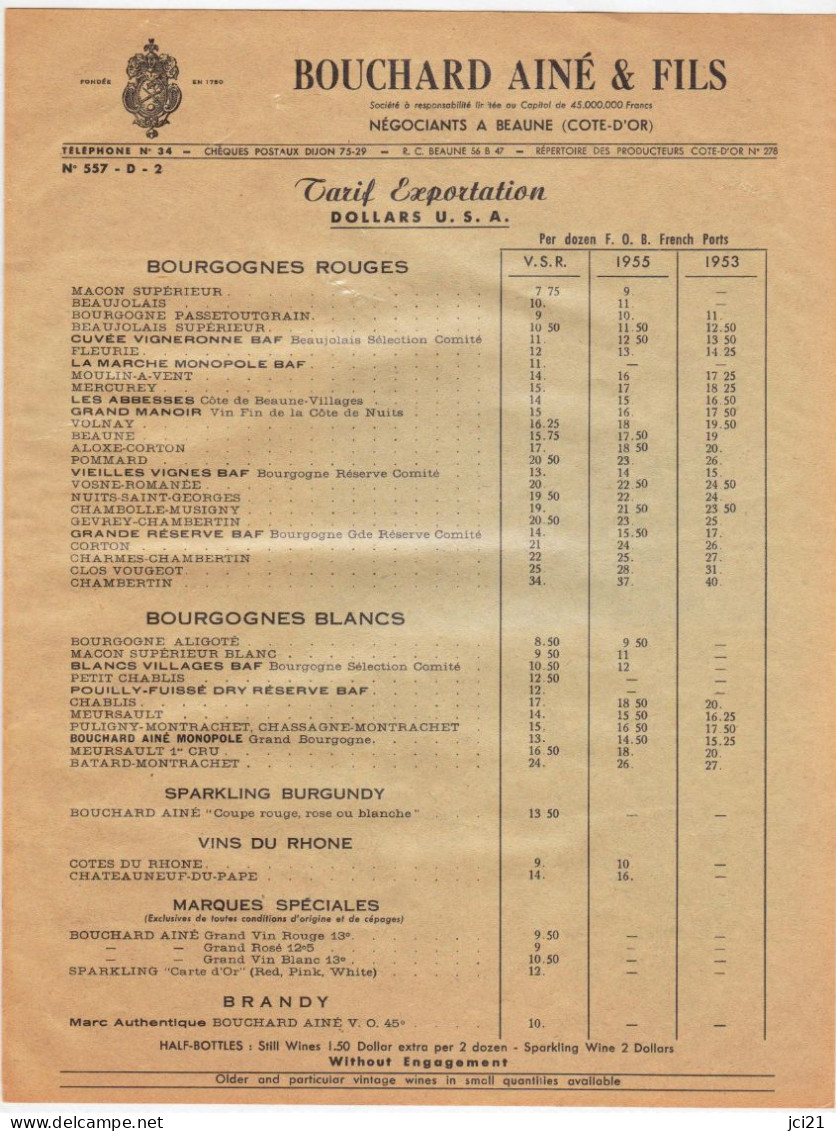 Tarif Exportation Dollars U.S.A. 1953 Et 1955 Maison De Vin Négociant BOUCHARD Ainé & Fils BEAUNE _RLVP129 - Sonstige & Ohne Zuordnung