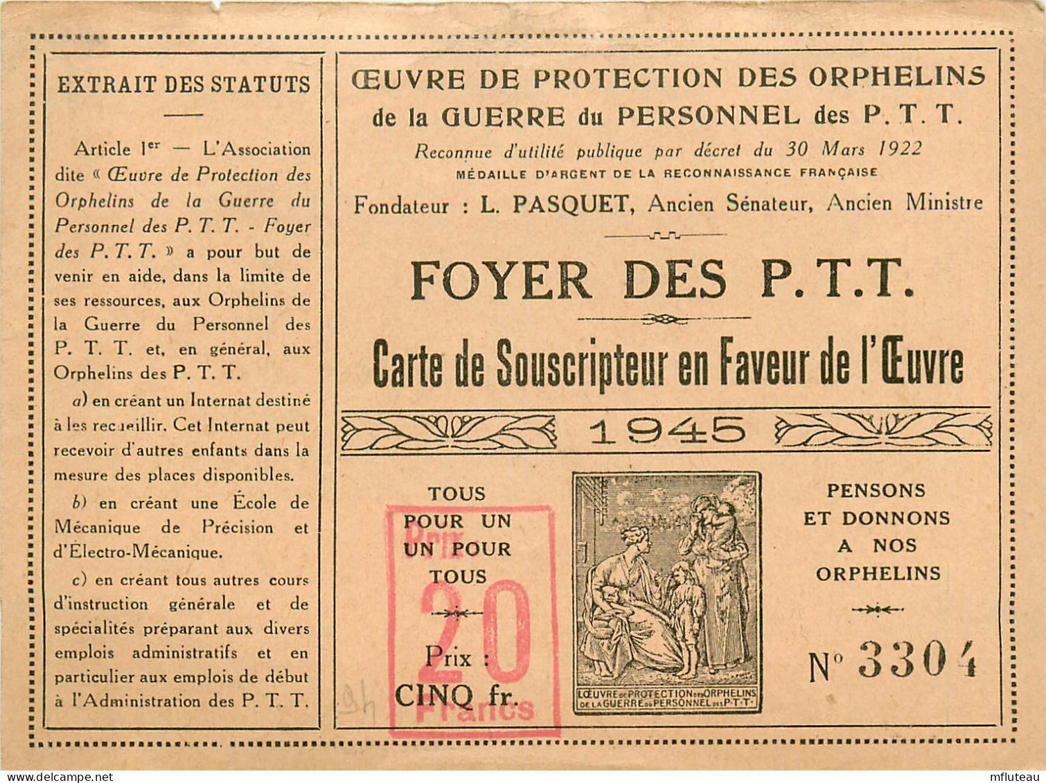 94* CACHAN Foyer Des P.T.T  Protection Orphelins De Guerre (1945) RL10.1232 - Cachan