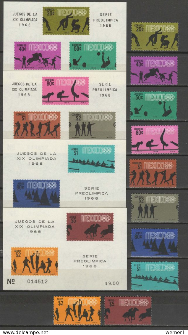 Mexico 1968 Olympic Games Mexico, Wrestling, Volleyball, Rowing, Equestrian Etc. Set Of 10 + 4 S/s MNH - Ete 1968: Mexico