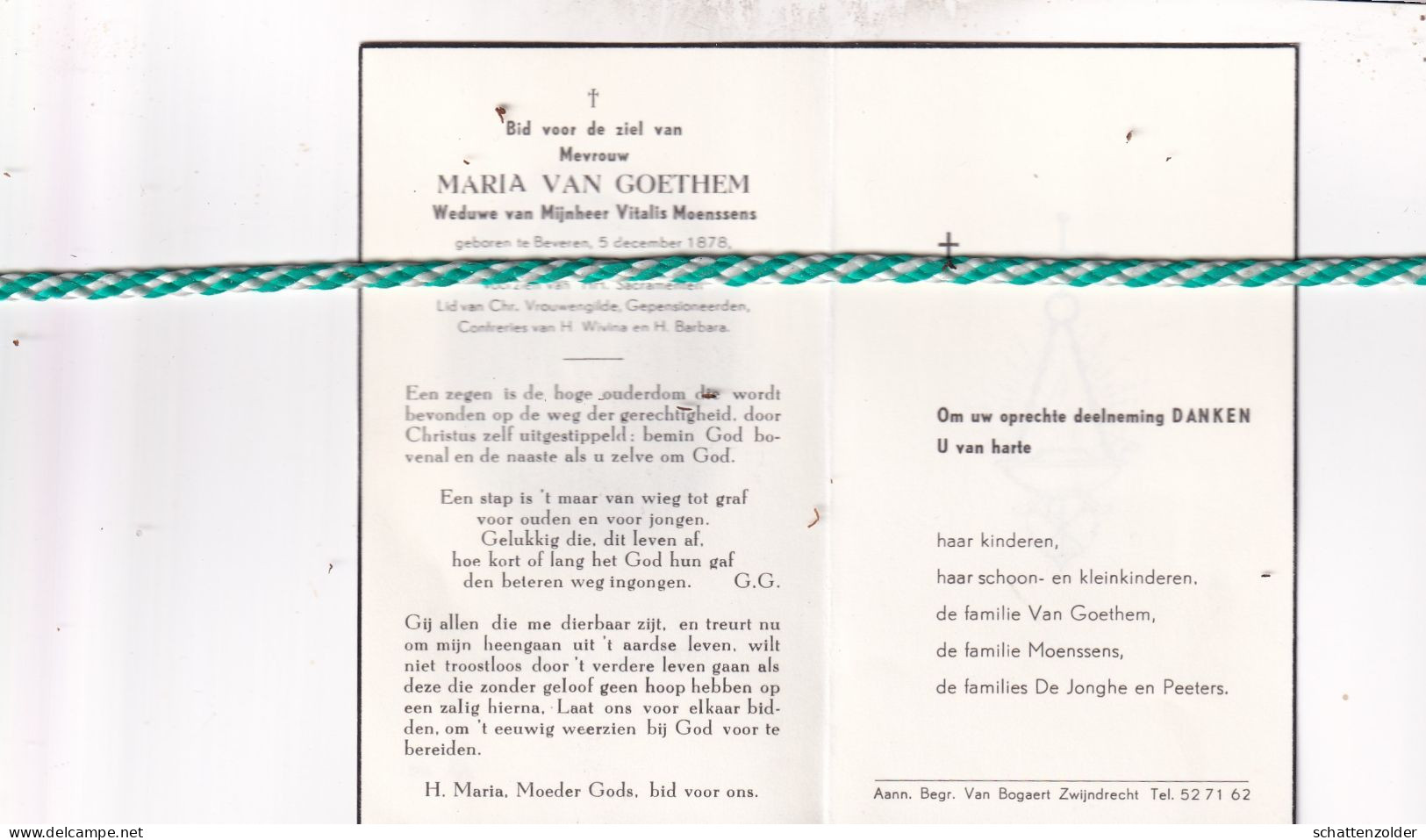 Maria Van Goethem-Moenssens, Beveren 1878, Zwijndrecht 1962 - Obituary Notices