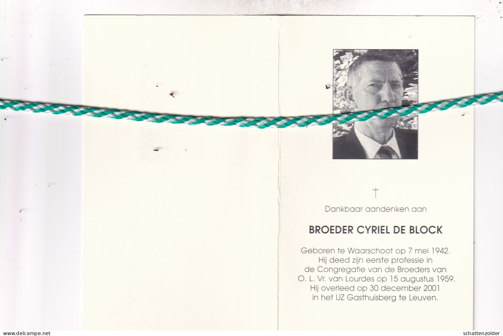 Broeder Cyriel De Block, Waarschoot 1942, Leuven 2001. Foto - Décès