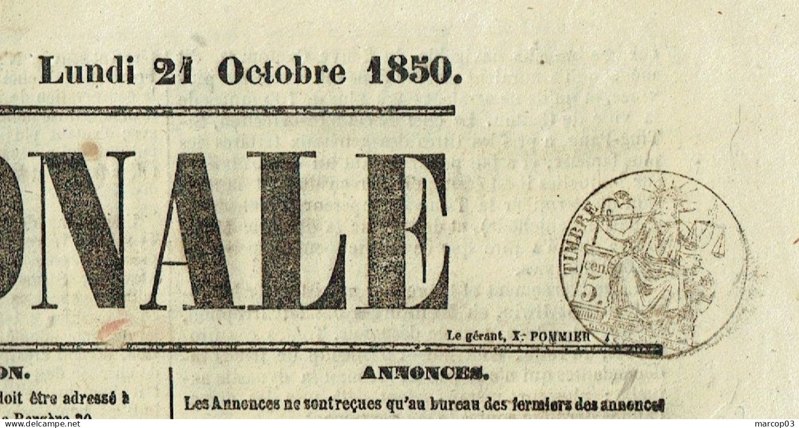 75 PARIS Journal L'Assemblée Nationale Du 21/10/1850  Droit Fiscal/postal De Timbre De 5 C SEINE Journal Complet TTB - Newspapers