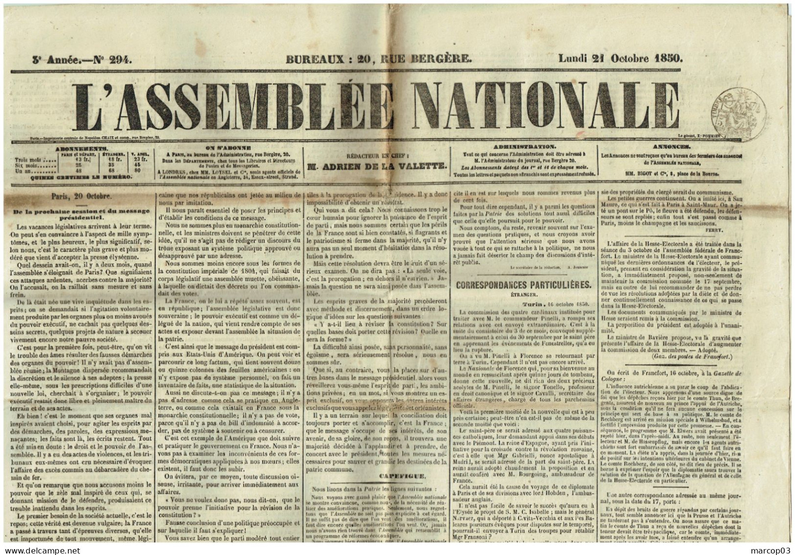 75 PARIS Journal L'Assemblée Nationale Du 21/10/1850  Droit Fiscal/postal De Timbre De 5 C SEINE Journal Complet TTB - Zeitungsmarken (Streifbänder)