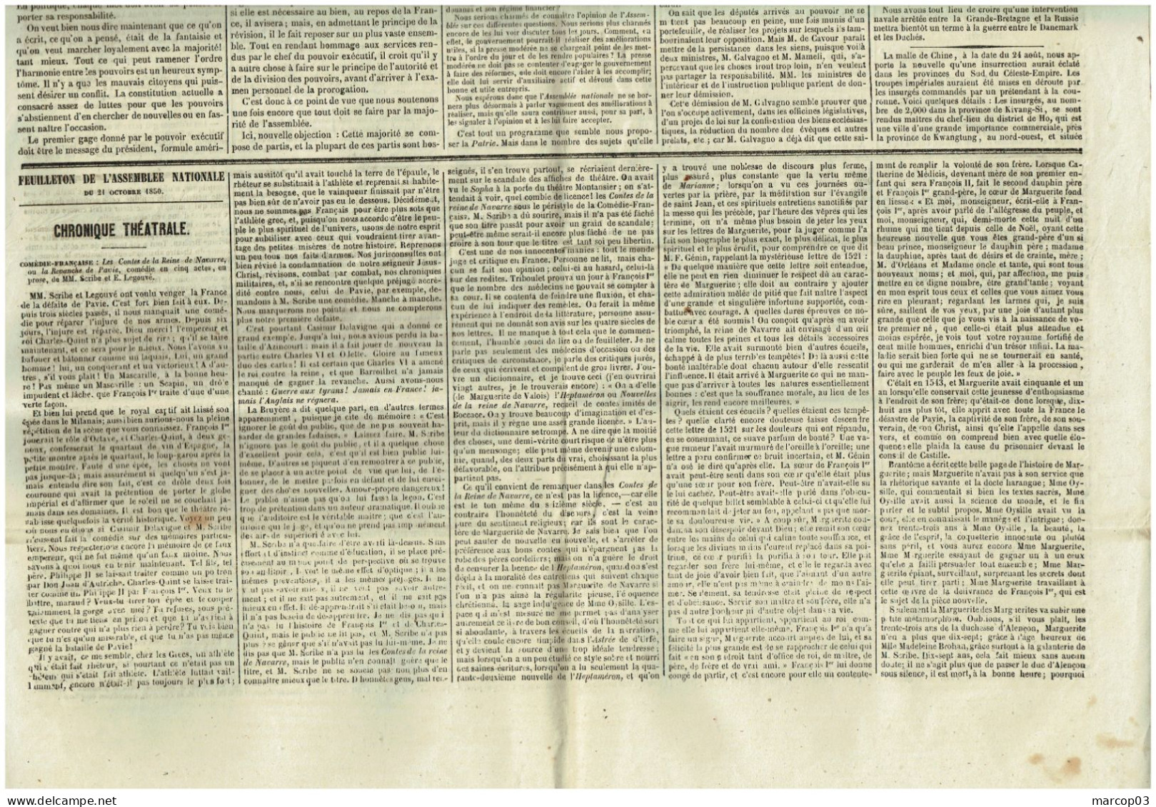 75 PARIS Journal L'Assemblée Nationale Du 21/10/1850  Droit Fiscal/postal De Timbre De 5 C SEINE Journal Complet TTB - Journaux